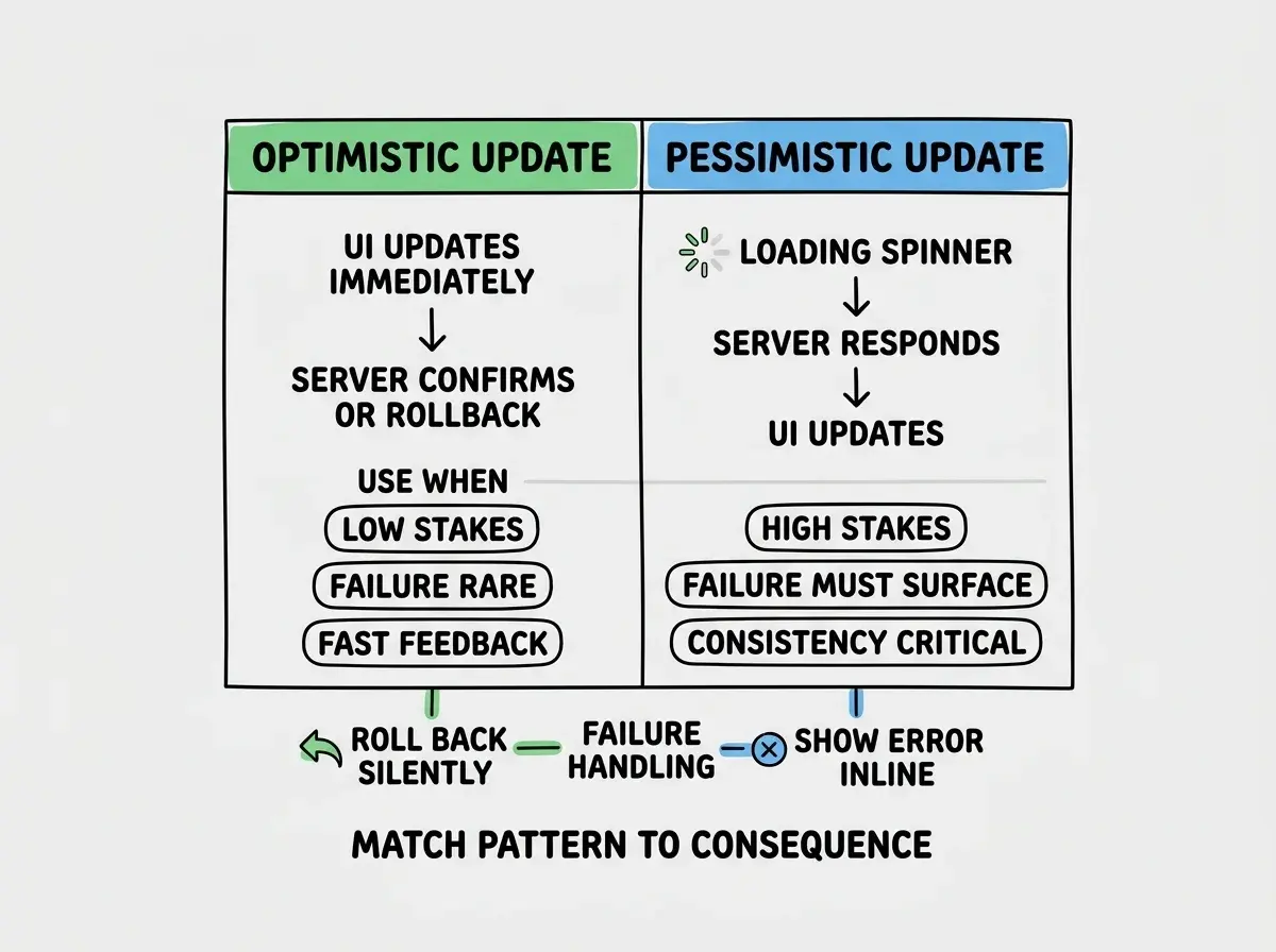 EXPLAINER DIAGRAM: A comparison table with two columns. Left column header is OPTIMISTIC UPDATE with a green background. Right column header is PESSIMISTIC UPDATE with a blue background. Under Optimistic: row 1 shows timeline where UI updates immediately, then server confirms or rollback occurs. Under Pessimistic: row 1 shows timeline where UI shows loading spinner, then server responds, then UI updates. Below the timelines, each column has a USE WHEN section. Optimistic USE WHEN lists: low stakes action, failure is rare, fast feedback matters. Pessimistic USE WHEN lists: high stakes action, failure must be surfaced, consistency is critical. At the bottom, a row labeled FAILURE HANDLING shows Optimistic as roll back silently and Pessimistic as show the error inline. A small note reads neither is universally correct, match the pattern to the consequence of being wrong.