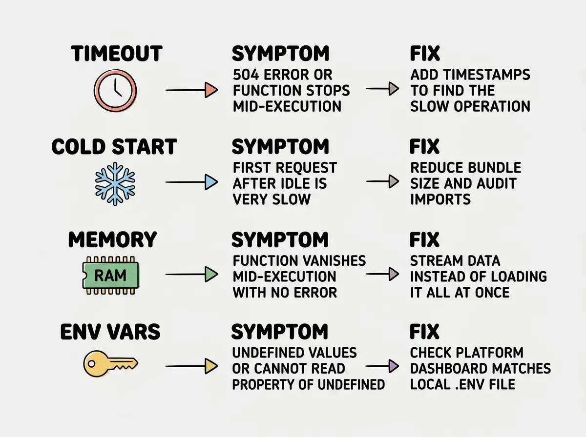 EXPLAINER DIAGRAM: A vertical stack of four common serverless failure categories, each with a symptom and fix. Row 1 labeled TIMEOUT shows a clock icon with the symptom 504 error or function stops mid-execution and the fix add timestamps to find the slow operation. Row 2 labeled COLD START shows a snowflake icon with the symptom first request after idle is very slow and the fix reduce bundle size and audit imports. Row 3 labeled MEMORY shows a RAM chip icon with the symptom function vanishes mid-execution with no error and the fix stream data instead of loading it all at once. Row 4 labeled ENV VARS shows a key icon with the symptom undefined values or cannot read property of undefined and the fix check platform dashboard matches local .env file.