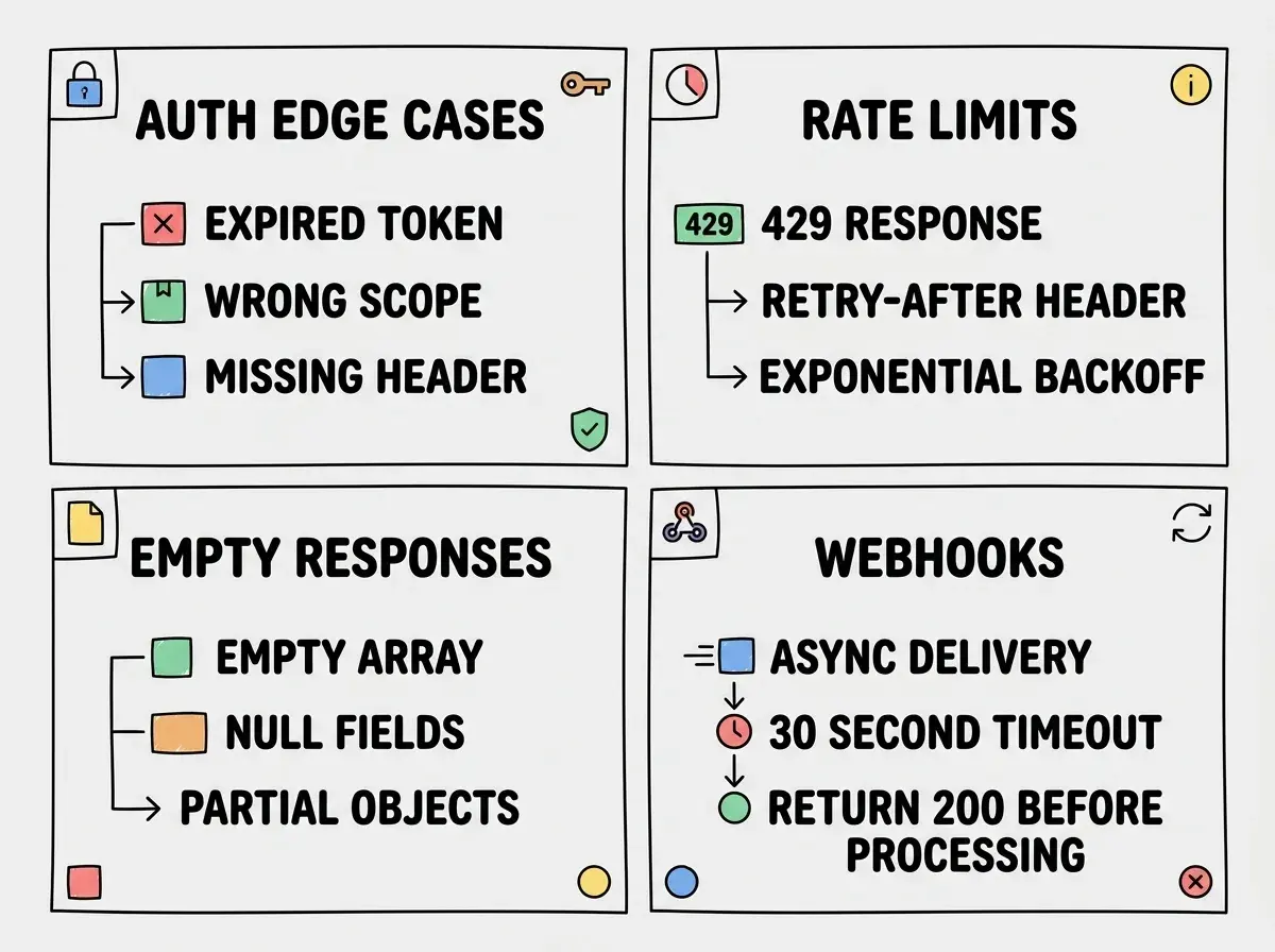 EXPLAINER DIAGRAM: A two-by-two grid with four labeled cells. Top-left cell labeled Auth Edge Cases contains a list: expired token, wrong scope, missing header. Top-right cell labeled Rate Limits contains a list: 429 response, Retry-After header, exponential backoff. Bottom-left cell labeled Empty Responses contains a list: empty array, null fields, partial objects. Bottom-right cell labeled Webhooks contains a list: async delivery, 30 second timeout, return 200 before processing. Each cell has a small icon in the top corner. Clean flat style with a light gray background and subtle cell borders.