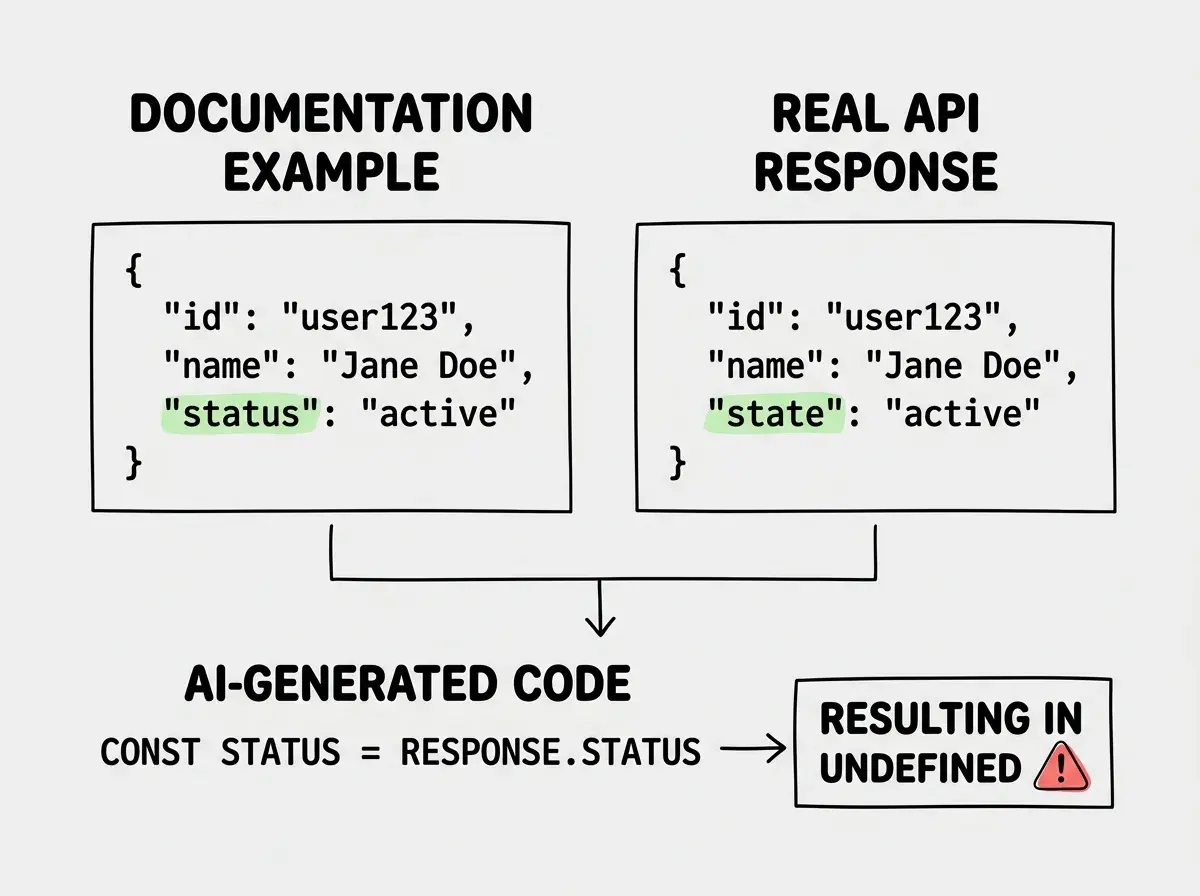 EXPLAINER DIAGRAM: Two side-by-side columns labeled Documentation Example and Real API Response. The left column shows a clean JSON object with three fields: id, name, and status all present and populated. The right column shows the same structure but with status missing entirely and an extra field called state added. Below both columns an arrow points down to a row labeled AI-Generated Code that reads const status = response.status and shows the result as undefined. A red warning icon appears next to the undefined output. Clean flat design with light background.