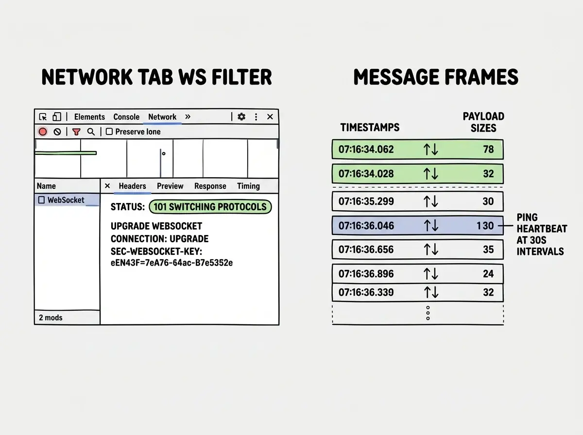 EXPLAINER DIAGRAM: A two-panel layout. Left panel labeled NETWORK TAB WS FILTER shows a browser DevTools Network panel with a WebSocket entry selected. Three tabs are visible: Headers, Messages, and Timing. The Headers tab shows Request Headers with Upgrade: websocket, Connection: Upgrade, and Sec-WebSocket-Key highlighted. A status badge shows 101 Switching Protocols in green. Right panel labeled MESSAGE FRAMES shows a list of frames with timestamps, direction arrows (up for sent, down for received), and payload sizes. One frame is highlighted showing a ping frame labeled HEARTBEAT at 30s intervals. Annotations explain what each part of the panel tells you about connection health.