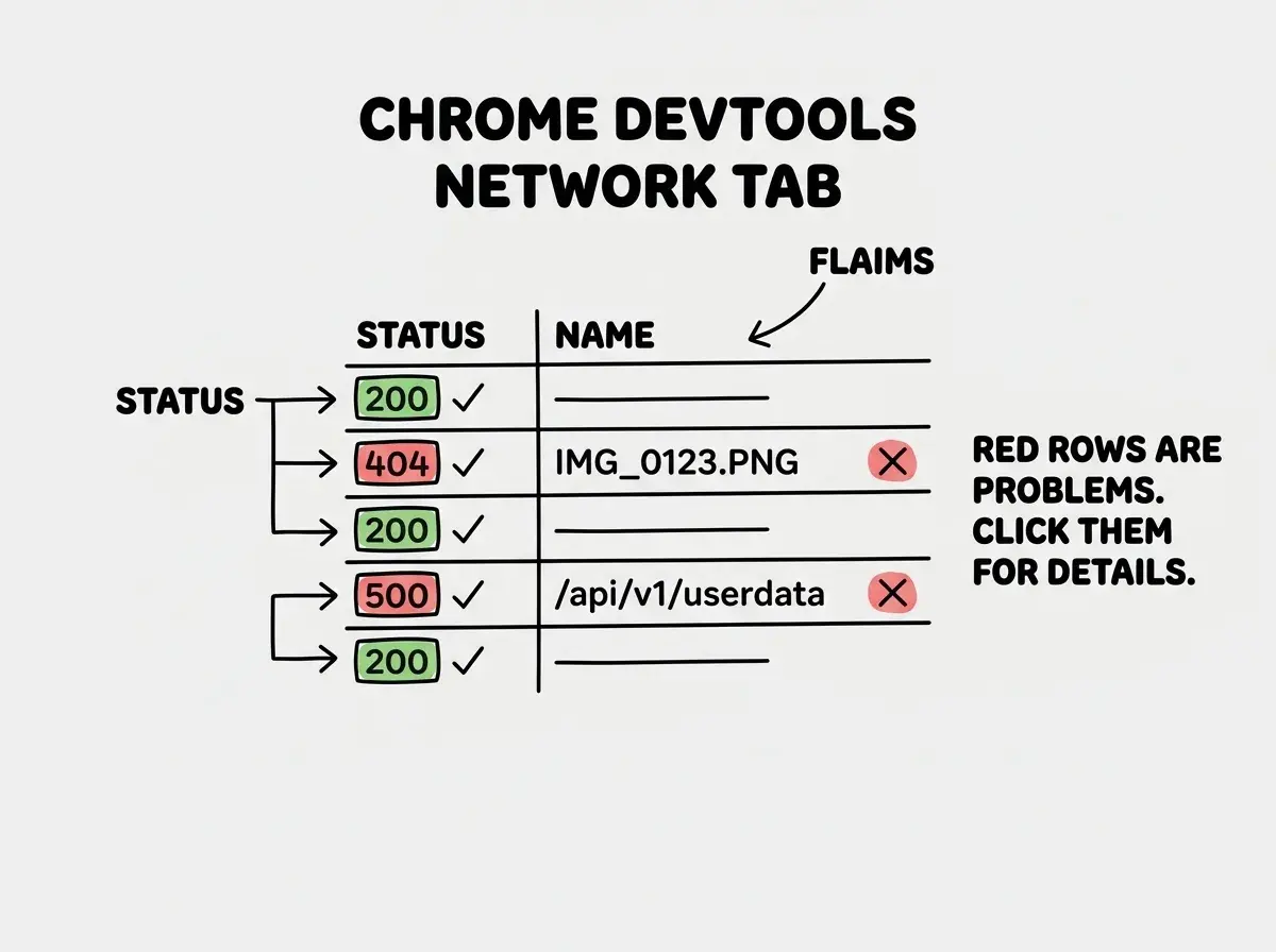 EXPLAINER DIAGRAM: A simplified view of Chrome DevTools Network tab showing five rows. Three rows have green 200 status codes with checkmarks. One row shows a red 404 status code next to an image filename with an X mark. One row shows a red 500 status code next to an API endpoint with an X mark. Labels point to the Status column and the Name column, with a note reading: Red rows are problems. Click them for details.