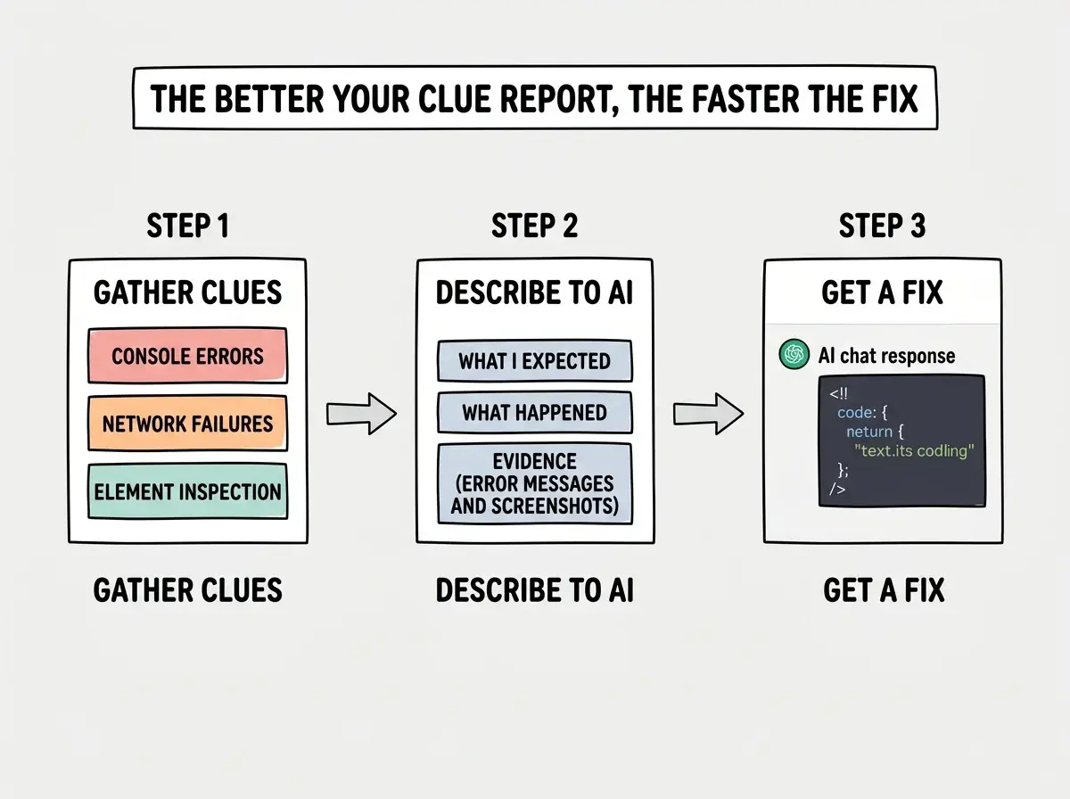 EXPLAINER DIAGRAM: A three-step flow from left to right. Step 1 is a box labeled GATHER CLUES showing three smaller boxes stacked inside: Console errors, Network failures, and Element inspection. An arrow points right to Step 2, a box labeled DESCRIBE TO AI with a template showing three fields: What I expected, What happened, and Evidence (error messages and screenshots). An arrow points right to Step 3, a box labeled GET A FIX showing an AI chat response with a code snippet. Above the flow a banner reads: The better your clue report, the faster the fix.
