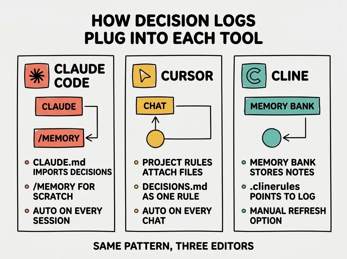 Side-by-side three-panel comparison on light gray background. Top center bold title: HOW DECISION LOGS PLUG INTO EACH TOOL. Three vertical panels. Left panel coral red labeled CLAUDE CODE with icon and bullet list: CLAUDE.md IMPORTS DECISIONS, /MEMORY FOR SCRATCH, AUTO ON EVERY SESSION. Middle panel golden yellow labeled CURSOR with icon and bullets: PROJECT RULES ATTACH FILES, DECISIONS.md AS ONE RULE, AUTO ON EVERY CHAT. Right panel teal labeled CLINE with icon and bullets: MEMORY BANK STORES NOTES, .clinerules POINTS TO LOG, MANUAL REFRESH OPTION. Footer text reads SAME PATTERN, THREE EDITORS.