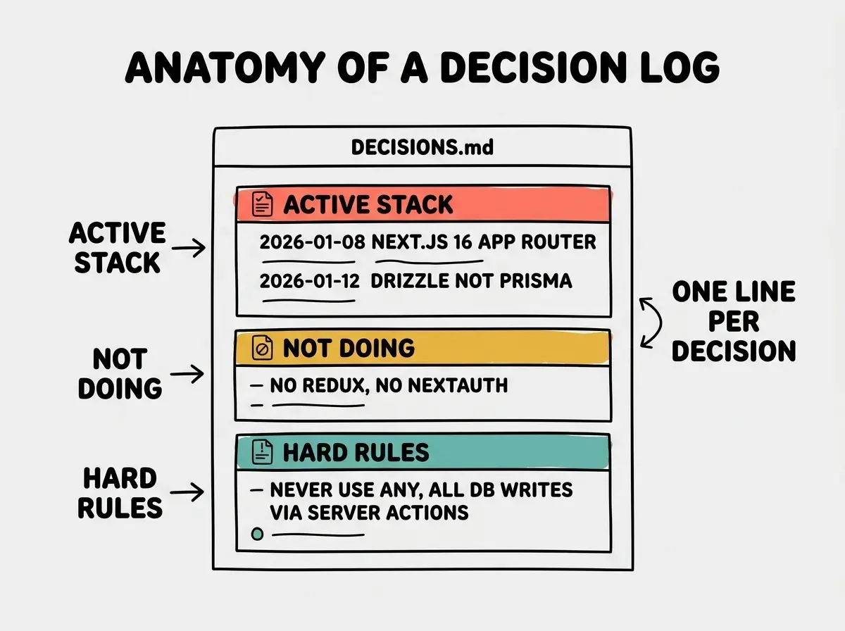 Visual mockup of a decision log file on light gray background. Top center bold title: ANATOMY OF A DECISION LOG. A faux file editor window with header reading DECISIONS.md. Three vertical sections labeled. Top section coral red labeled ACTIVE STACK with sample lines like 2026-01-08 NEXT.JS 16 APP ROUTER and 2026-01-12 DRIZZLE NOT PRISMA. Middle section golden yellow labeled NOT DOING with lines like NO REDUX, NO NEXTAUTH. Bottom section teal labeled HARD RULES with lines like NEVER USE ANY, ALL DB WRITES VIA SERVER ACTIONS. Each section has a small icon. Right side label reads ONE LINE PER DECISION. Bold all caps section labels.