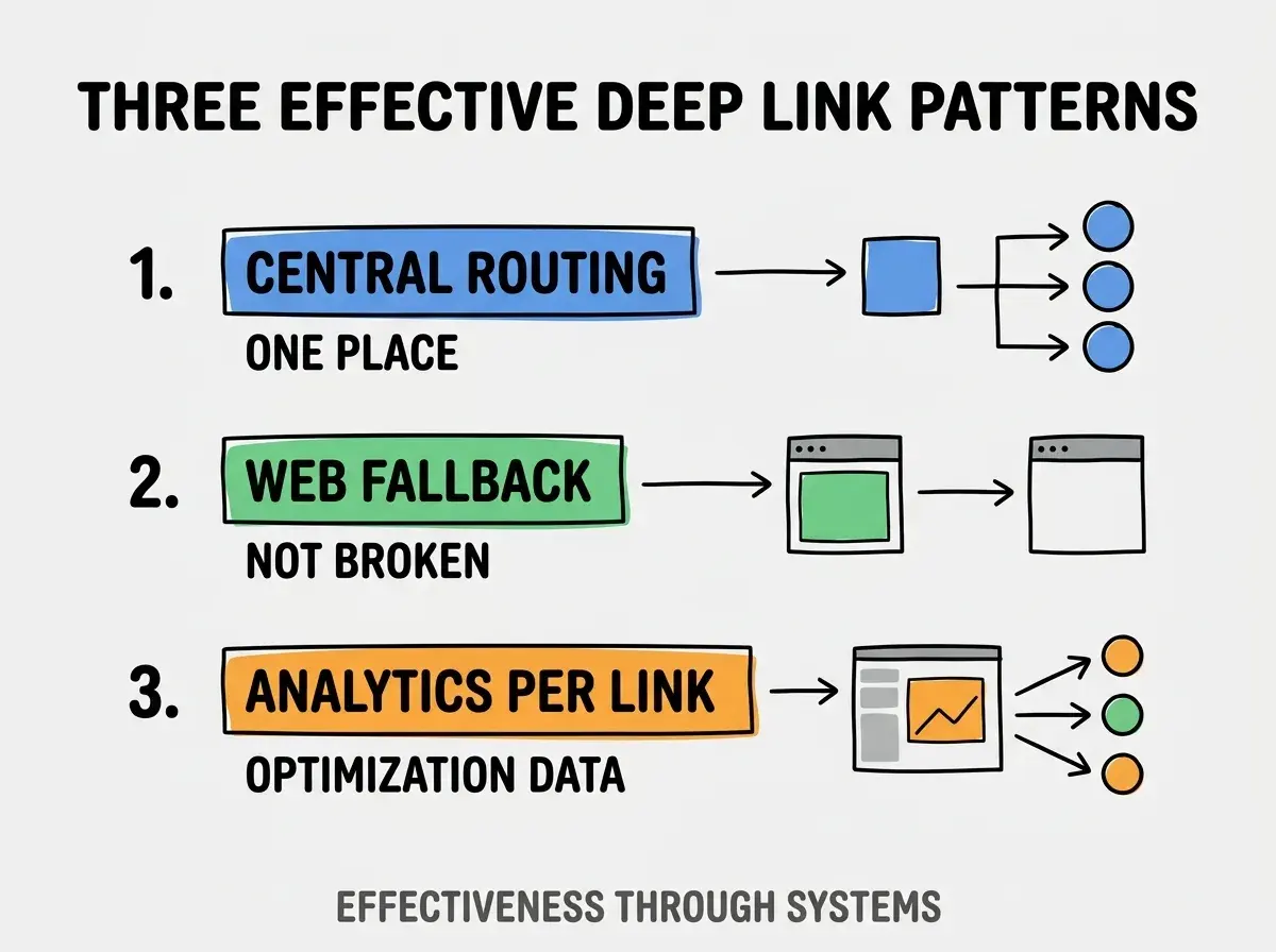 Clean modern flat infographic on light gray background. Top title bold black: THREE EFFECTIVE DEEP LINK PATTERNS. Single vertical numbered list with three rows. Row 1 blue badge CENTRAL ROUTING with subtitle ONE PLACE. Row 2 green badge WEB FALLBACK with subtitle NOT BROKEN. Row 3 orange badge ANALYTICS PER LINK with subtitle OPTIMIZATION DATA. Footer text dark gray: EFFECTIVENESS THROUGH SYSTEMS. Each label appears exactly once. No duplicated text.