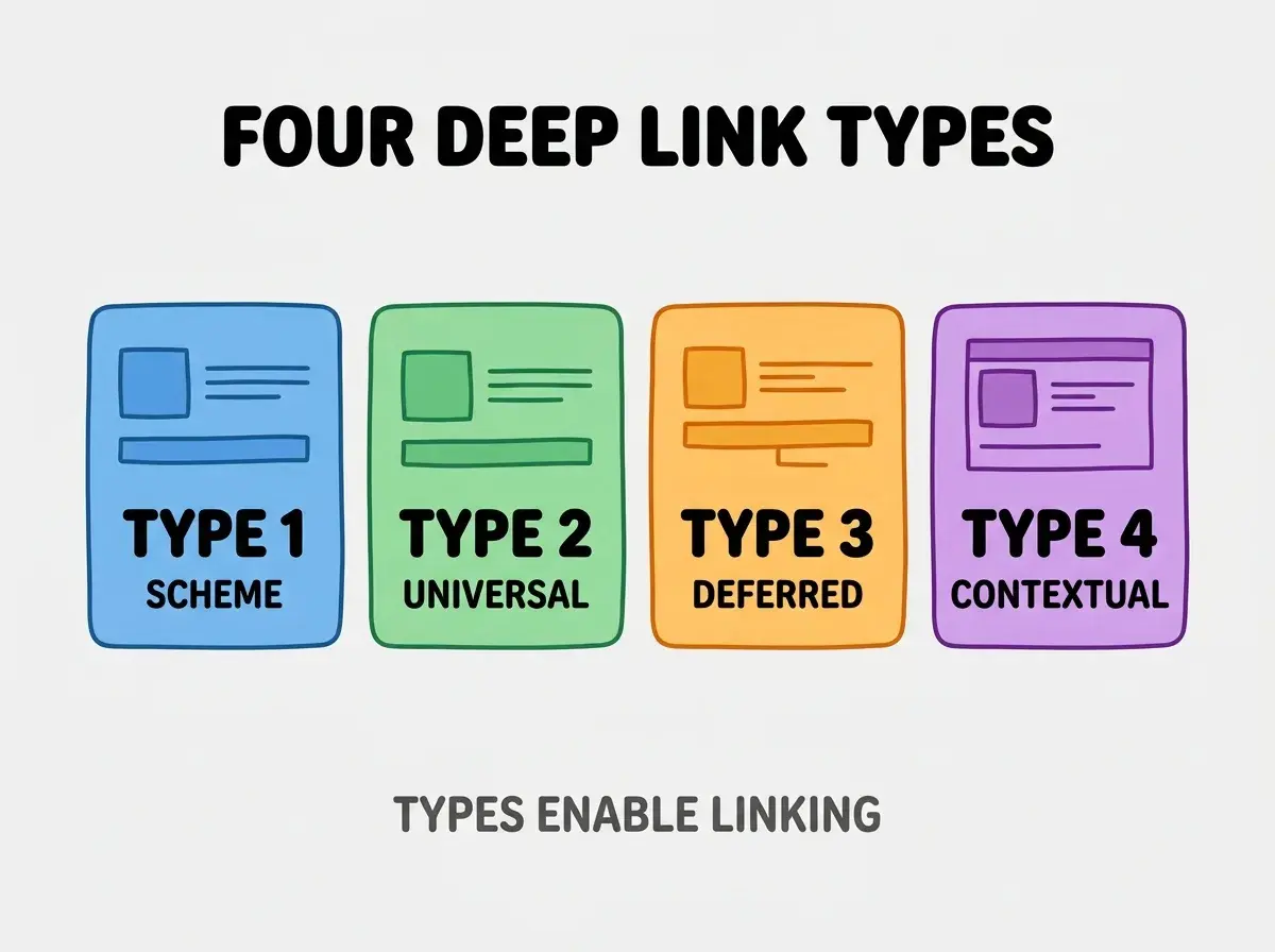 Clean modern flat infographic on light gray background. Top center bold black title text: FOUR DEEP LINK TYPES. Below title, four equal sized colored rounded rectangle cards arranged horizontally. Card 1 blue: large bold text TYPE 1 then smaller text SCHEME. Card 2 green: large bold text TYPE 2 then smaller text UNIVERSAL. Card 3 orange: large bold text TYPE 3 then smaller text DEFERRED. Card 4 purple: large bold text TYPE 4 then smaller text CONTEXTUAL. Single footer line below cards in dark gray text: TYPES ENABLE LINKING. Nothing else on canvas. No text outside cards or below cards.