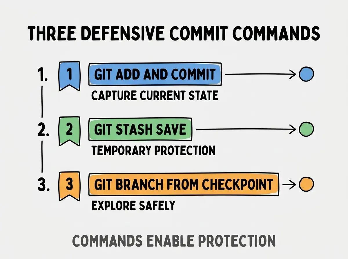 Clean modern flat infographic on light gray background. Top title bold black: THREE DEFENSIVE COMMIT COMMANDS. Single vertical numbered list with three rows. Row 1 blue badge GIT ADD AND COMMIT with subtitle CAPTURE CURRENT STATE. Row 2 green badge GIT STASH SAVE with subtitle TEMPORARY PROTECTION. Row 3 orange badge GIT BRANCH FROM CHECKPOINT with subtitle EXPLORE SAFELY. Footer text dark gray: COMMANDS ENABLE PROTECTION. Each label appears exactly once. No duplicated text.