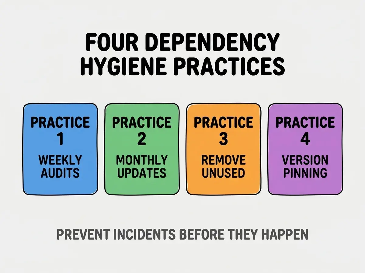 Clean modern flat infographic on light gray background. Top center bold black title text: FOUR DEPENDENCY HYGIENE PRACTICES. Below title, four equal sized colored rounded rectangle cards arranged horizontally. Card 1 blue: large bold text PRACTICE 1 then smaller text WEEKLY AUDITS. Card 2 green: large bold text PRACTICE 2 then smaller text MONTHLY UPDATES. Card 3 orange: large bold text PRACTICE 3 then smaller text REMOVE UNUSED. Card 4 purple: large bold text PRACTICE 4 then smaller text VERSION PINNING. Single footer line below cards in dark gray text: PREVENT INCIDENTS BEFORE THEY HAPPEN. Nothing else on canvas. No text outside cards or below cards.