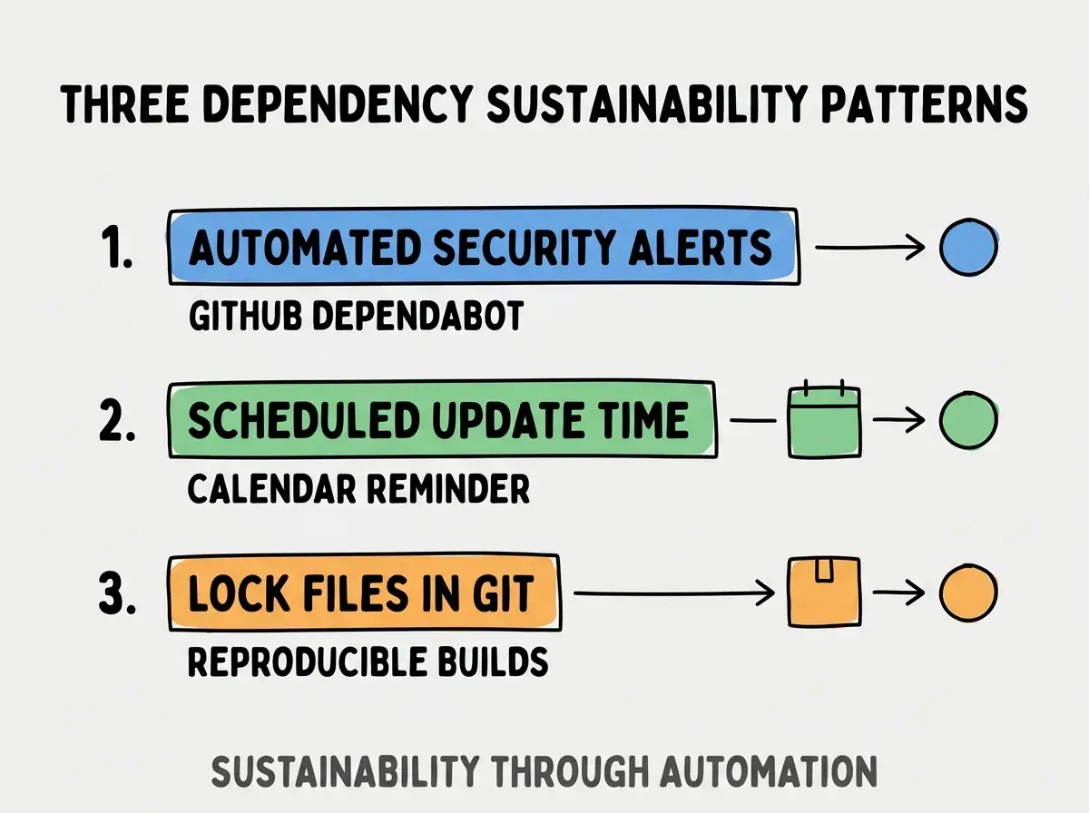 Clean modern flat infographic on light gray background. Top title bold black: THREE DEPENDENCY SUSTAINABILITY PATTERNS. Single vertical numbered list with three rows. Row 1 blue badge AUTOMATED SECURITY ALERTS with subtitle GITHUB DEPENDABOT. Row 2 green badge SCHEDULED UPDATE TIME with subtitle CALENDAR REMINDER. Row 3 orange badge LOCK FILES IN GIT with subtitle REPRODUCIBLE BUILDS. Footer text dark gray: SUSTAINABILITY THROUGH AUTOMATION. Each label appears exactly once. No duplicated text.