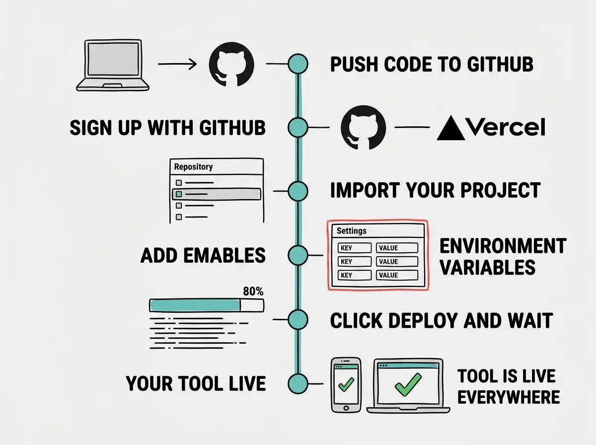 EXPLAINER DIAGRAM: A six-step vertical timeline showing the Vercel deployment process for a personal tool. Step 1 shows a laptop icon with an arrow to a GitHub logo, labeled PUSH CODE TO GITHUB. Step 2 shows the GitHub logo connecting to a Vercel logo, labeled SIGN UP WITH GITHUB. Step 3 shows a repository list with one item highlighted, labeled IMPORT YOUR PROJECT. Step 4 shows a settings panel with three key-value pairs filled in, labeled ADD ENVIRONMENT VARIABLES with a red emphasis border. Step 5 shows a progress bar at 80% with scrolling text beneath it, labeled CLICK DEPLOY AND WAIT. Step 6 shows a phone and laptop both displaying the same app with a green checkmark, labeled YOUR TOOL IS LIVE EVERYWHERE. A vertical teal line connects all six steps. Light gray background.