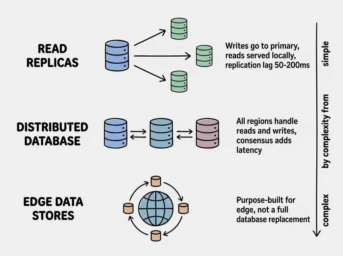 EXPLAINER DIAGRAM: A vertical comparison of three database strategies stacked top to bottom. First row labeled READ REPLICAS shows a single primary database icon on the left with arrows pointing right to three replica icons in different regions, with a note reading Writes go to primary, reads served locally, replication lag 50-200ms. Second row labeled DISTRIBUTED DATABASE shows three equal database icons all connected with bidirectional arrows, with a note reading All regions handle reads and writes, consensus adds latency. Third row labeled EDGE DATA STORES shows a globe icon with small cache nodes around it, with a note reading Purpose-built for edge, not a full database replacement. A right-side annotation ranks them by complexity from simple at top to complex at bottom.