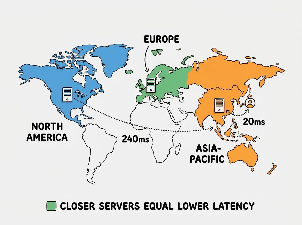 EXPLAINER DIAGRAM: A world map with three server icons placed in North America, Europe, and Asia-Pacific. Dotted lines connect each server to nearby user icons. From the North America server, a long dotted line stretches to an Asian user icon with a label reading 240ms. From the Asia-Pacific server, a short dotted line connects to the same Asian user icon with a label reading 20ms. A legend at the bottom reads: Closer servers equal lower latency. The diagram uses a clean flat style with distinct colors for each region.