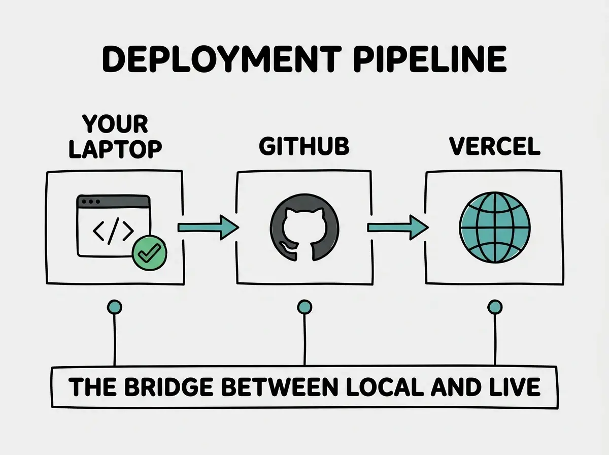 EXPLAINER DIAGRAM: A three-column flow showing the deployment pipeline. Left column labeled YOUR LAPTOP shows a code editor icon with a green checkmark and the label WORKS HERE. Middle column labeled GITHUB shows a repository icon connected by an arrow from the laptop, with the label CODE STORED HERE. Right column labeled VERCEL shows a globe icon connected by an arrow from GitHub, with the label LIVE HERE. Below the three columns, a horizontal bar reads THE BRIDGE BETWEEN LOCAL AND LIVE. Teal arrows connect each column. Light gray background.