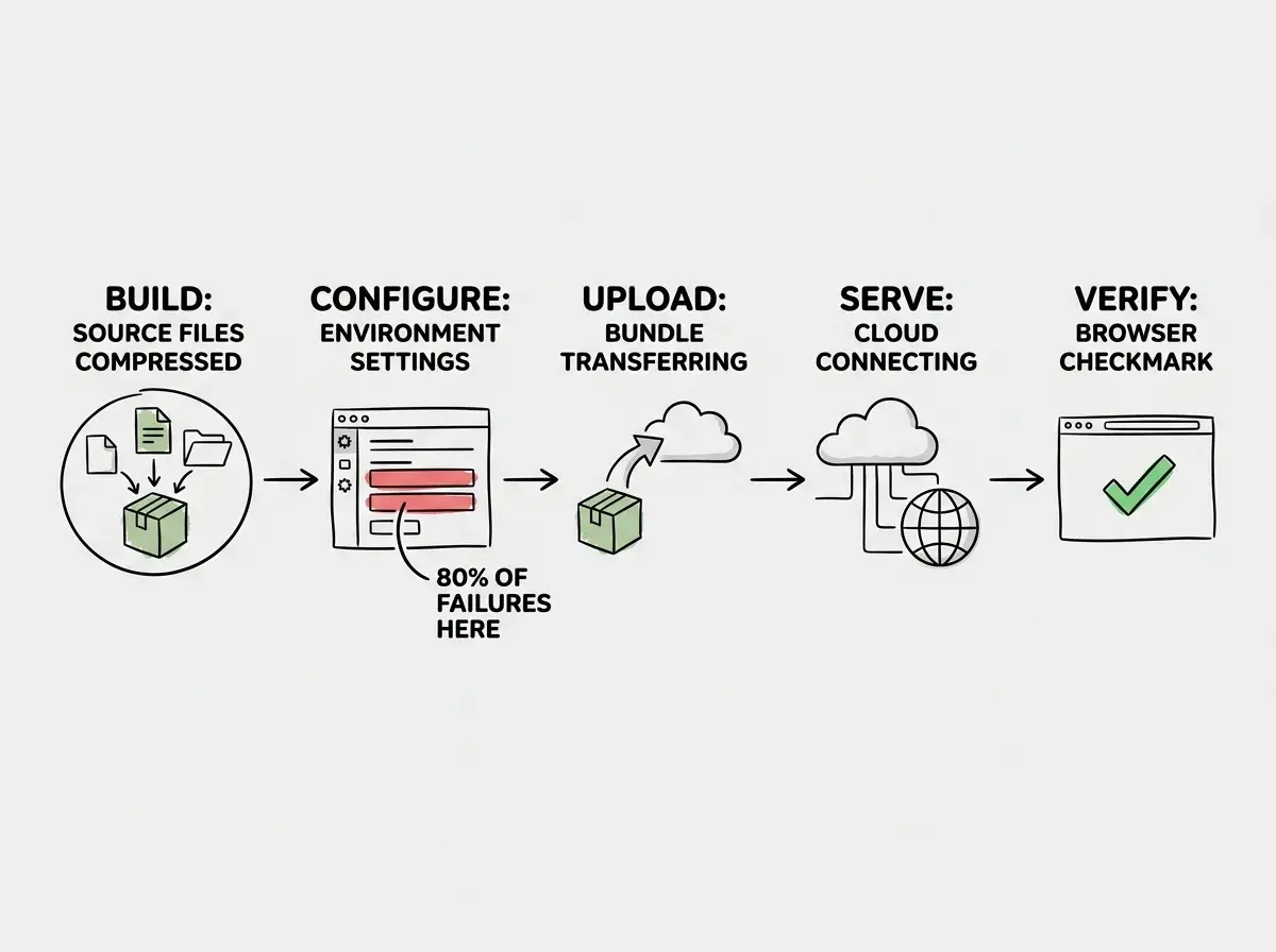 EXPLAINER DIAGRAM: A five-step horizontal pipeline showing the deployment stages. Step 1 labeled BUILD shows source code files being compressed into a bundle. Step 2 labeled CONFIGURE shows a settings panel with fields for build command, output directory, Node version, and env vars, with the env vars field highlighted in red with a warning icon and the text 80% OF FAILURES HAPPEN HERE. Step 3 labeled UPLOAD shows the bundle being transferred to a cloud server icon. Step 4 labeled SERVE shows the cloud server connecting to a globe representing the internet. Step 5 labeled VERIFY shows a browser window with a green checkmark. Arrows connect each step sequentially.