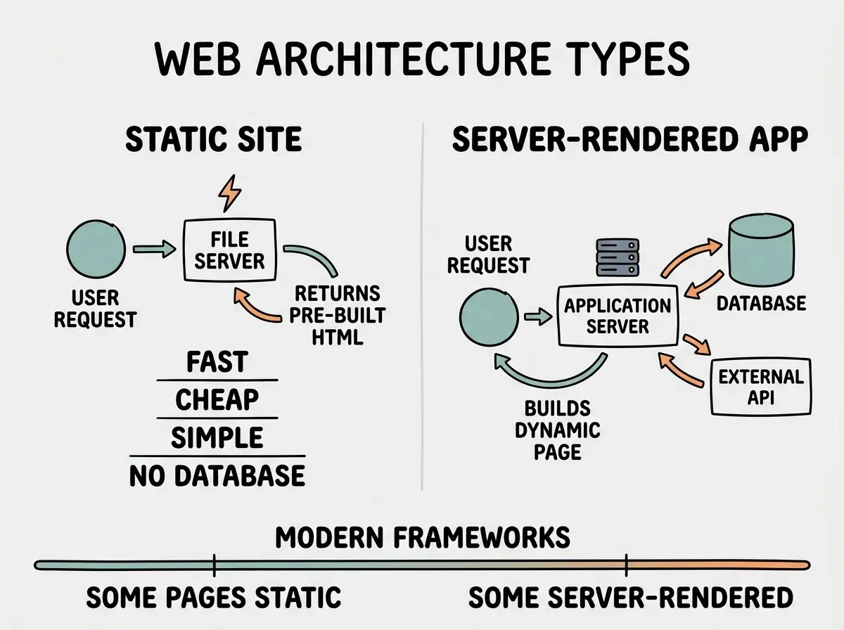 EXPLAINER DIAGRAM: A side-by-side comparison with two columns. Left column labeled STATIC SITE shows a simple flow: USER REQUEST goes to FILE SERVER which returns PRE-BUILT HTML FILE, with attributes listed below: fast, cheap, simple, no database, examples include blogs and portfolios. Right column labeled SERVER-RENDERED APP shows a more complex flow: USER REQUEST goes to APPLICATION SERVER which connects to DATABASE and API, then returns DYNAMICALLY BUILT HTML, with attributes listed below: flexible, handles user data, requires compute, examples include dashboards and e-commerce. A bottom bar spans both columns showing a spectrum labeled MODERN FRAMEWORKS LIKE NEXT.JS with text SOME PAGES STATIC, SOME SERVER-RENDERED.
