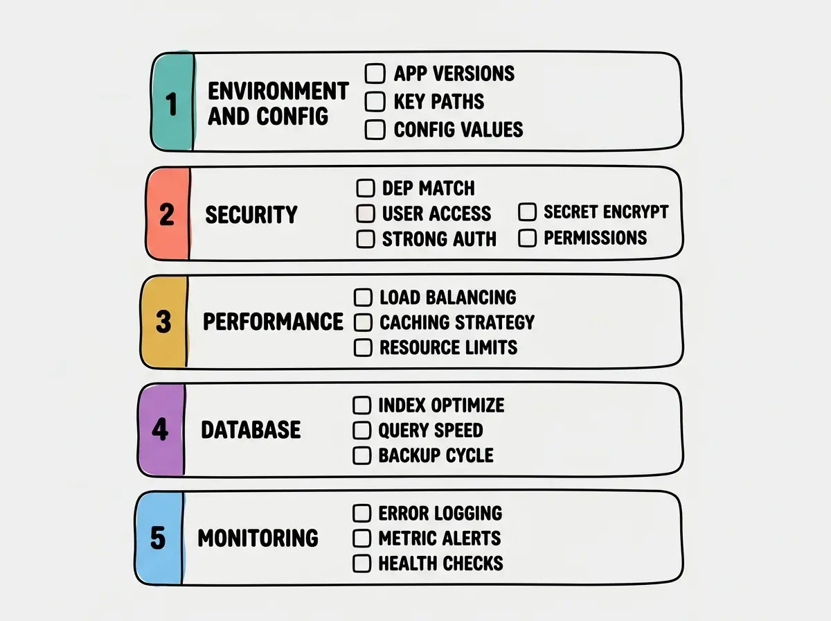 EXPLAINER DIAGRAM: A vertical checklist with five sections, each in a rounded box with a colored left border. Section 1 in teal labeled ENVIRONMENT AND CONFIG with four checkbox items: env vars match production, no hardcoded localhost, build command correct, .gitignore complete. Section 2 in coral labeled SECURITY with four checkbox items: no exposed API keys, auth on every route, security headers set, HTTPS enforced. Section 3 in golden yellow labeled PERFORMANCE with three checkbox items: images optimized, bundle size checked, caching configured. Section 4 in purple labeled DATABASE with three checkbox items: migrations run, connection string updated, backups enabled. Section 5 in sky blue labeled MONITORING with three checkbox items: error tracking live, uptime alerts set, logs accessible. Each section has a small progress indicator showing 0 of N items checked.