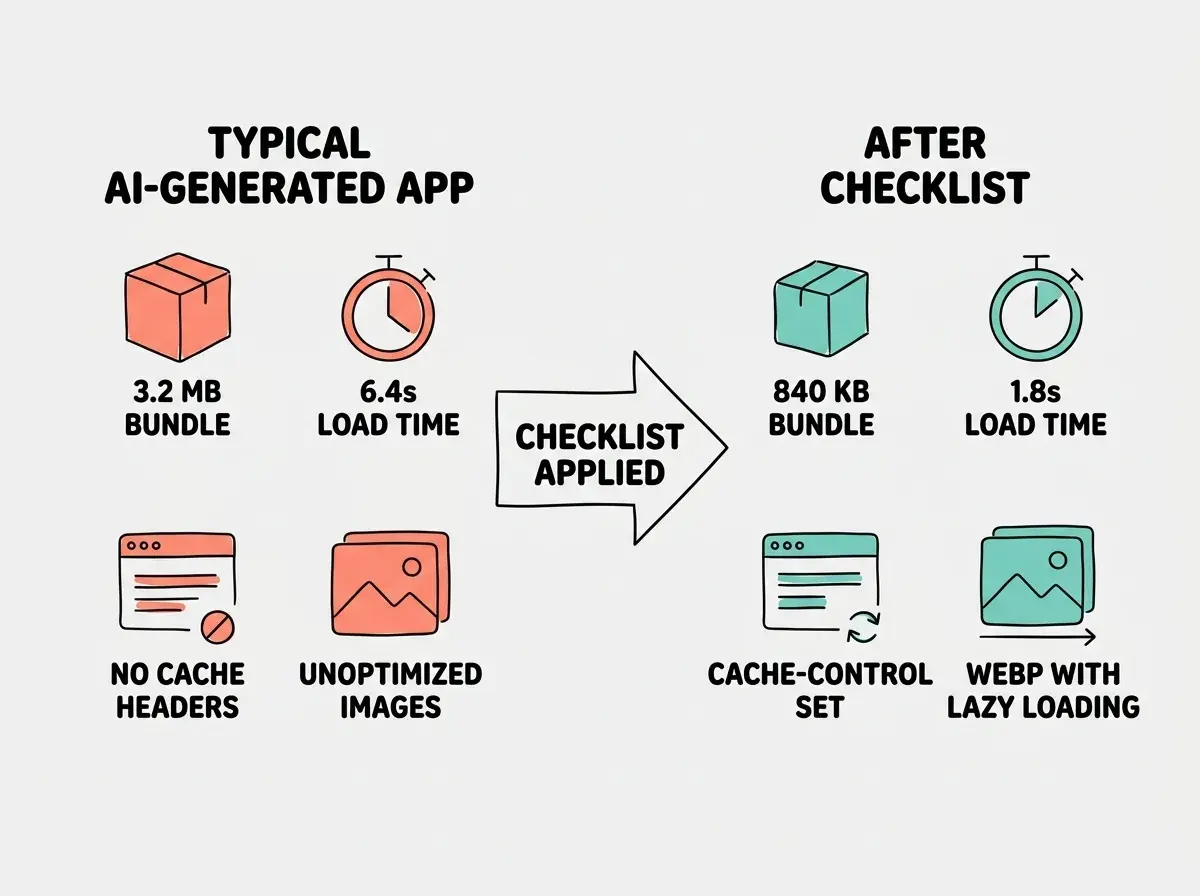 EXPLAINER DIAGRAM: A horizontal before-and-after comparison with two columns. Left column labeled TYPICAL AI-GENERATED APP in coral shows a vertical stack of problems: bar chart showing 3.2 MB bundle size, a clock icon showing 6.4s load time, a warning triangle with text NO CACHE HEADERS, and a red X with text UNOPTIMIZED IMAGES. Right column labeled AFTER CHECKLIST in teal shows the same metrics improved: bar chart showing 840 KB bundle size, a clock icon showing 1.8s load time, a green checkmark with text CACHE-CONTROL SET, and a green checkmark with text WEBP WITH LAZY LOADING. A large arrow between the columns labeled CHECKLIST APPLIED points from left to right.