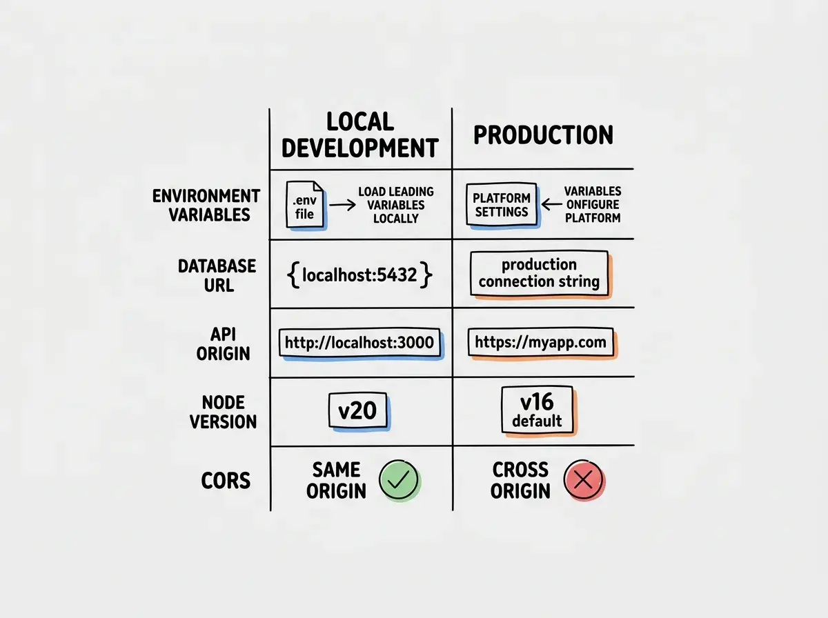 EXPLAINER DIAGRAM: A comparison table with two columns labeled LOCAL DEVELOPMENT and PRODUCTION. Five rows show differences that cause errors. Row 1: Environment Variables, .env file versus Platform Settings. Row 2: Database URL, localhost:5432 versus production connection string. Row 3: API Origin, http://localhost:3000 versus https://myapp.com. Row 4: Node Version, v20 versus v16 default. Row 5: CORS, Same Origin with green checkmark versus Cross Origin with red X.