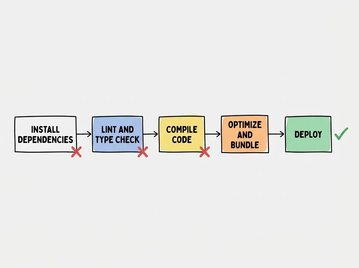 EXPLAINER DIAGRAM: A flowchart showing the deployment build pipeline as five connected boxes from left to right. Box 1 labeled INSTALL DEPENDENCIES. Box 2 labeled LINT AND TYPE CHECK. Box 3 labeled COMPILE CODE. Box 4 labeled OPTIMIZE AND BUNDLE. Box 5 labeled DEPLOY. Red X marks between boxes 1-2, 2-3, and 3-4 show where MODULE NOT FOUND, TYPE ERROR, and OUT OF MEMORY failures occur. A green checkmark appears after box 5.
