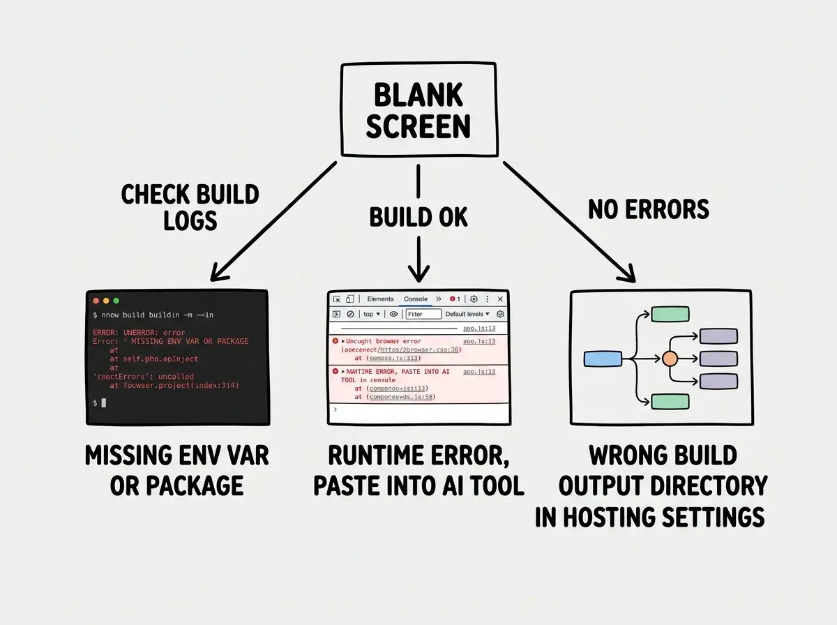 EXPLAINER DIAGRAM: A decision tree flowchart starting with a box labeled BLANK SCREEN at the top. Three arrows branch down to three diagnostic boxes. Left arrow labeled CHECK BUILD LOGS leads to a box showing a terminal with red error text and the solution MISSING ENV VAR OR PACKAGE. Middle arrow labeled BUILD OK leads to a box showing browser developer tools console with red errors and the solution RUNTIME ERROR, PASTE INTO AI TOOL. Right arrow labeled NO ERRORS leads to a box showing a routing diagram and the solution WRONG BUILD OUTPUT DIRECTORY IN HOSTING SETTINGS.