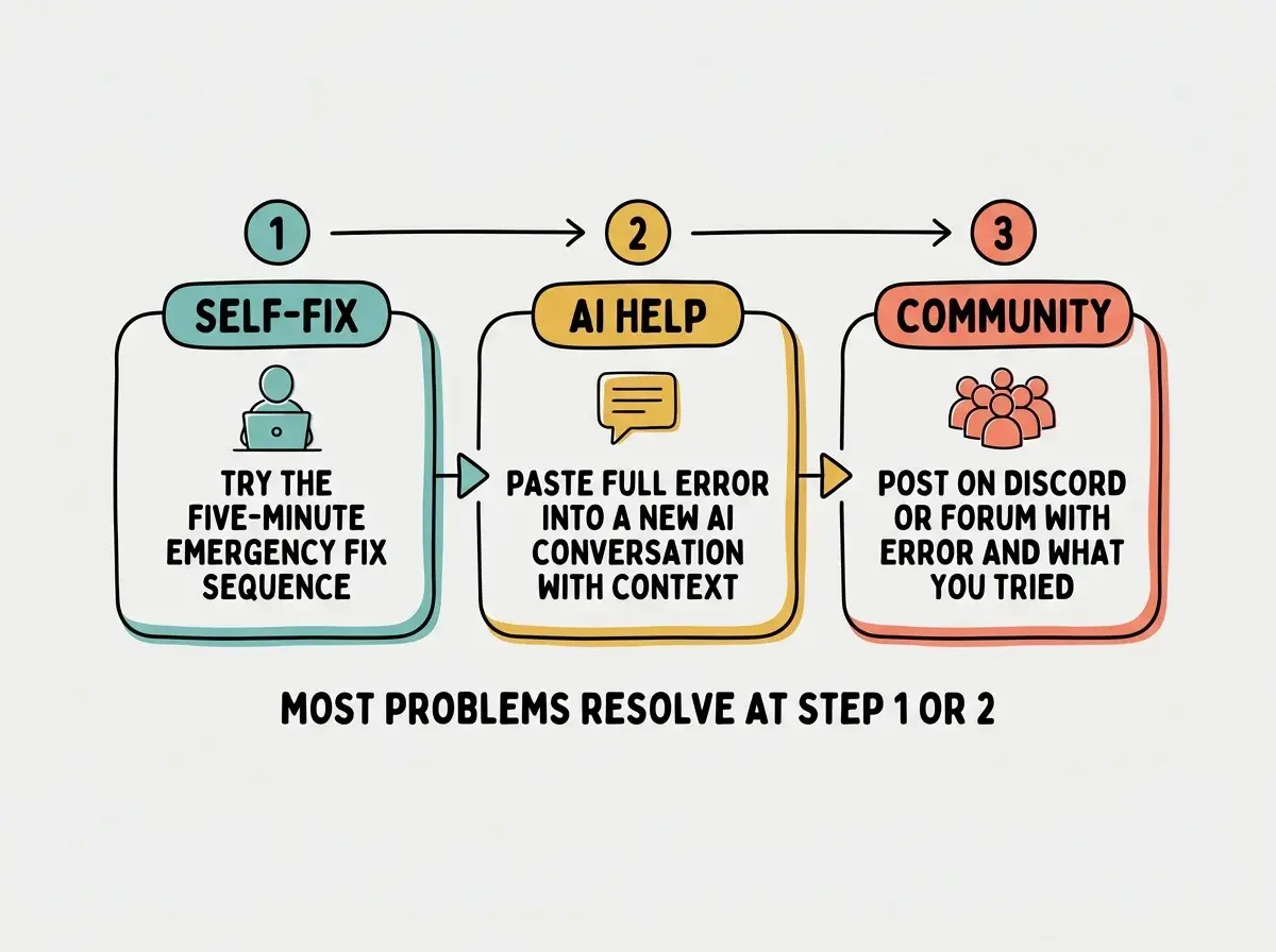 EXPLAINER DIAGRAM: A horizontal three-step escalation path shown as connected rounded boxes with arrows between them. Step 1 labeled SELF-FIX in teal shows an icon of a person at a laptop with text TRY THE FIVE-MINUTE EMERGENCY FIX SEQUENCE. Step 2 labeled AI HELP in golden yellow shows a chat bubble icon with text PASTE FULL ERROR INTO A NEW AI CONVERSATION WITH CONTEXT. Step 3 labeled COMMUNITY in coral shows a group of people icon with text POST ON DISCORD OR FORUM WITH ERROR AND WHAT YOU TRIED. Below all three steps, a note reads MOST PROBLEMS RESOLVE AT STEP 1 OR 2.