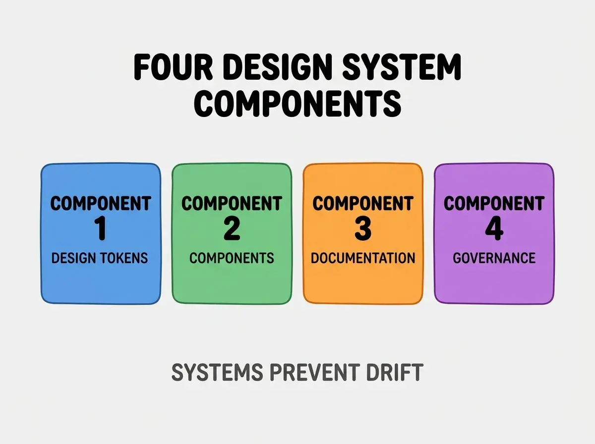 Clean modern flat infographic on light gray background. Top center bold black title text: FOUR DESIGN SYSTEM COMPONENTS. Below title, four equal sized colored rounded rectangle cards arranged horizontally. Card 1 blue: large bold text COMPONENT 1 then smaller text DESIGN TOKENS. Card 2 green: large bold text COMPONENT 2 then smaller text COMPONENTS. Card 3 orange: large bold text COMPONENT 3 then smaller text DOCUMENTATION. Card 4 purple: large bold text COMPONENT 4 then smaller text GOVERNANCE. Single footer line below cards in dark gray text: SYSTEMS PREVENT DRIFT. Nothing else on canvas. No text outside cards or below cards.