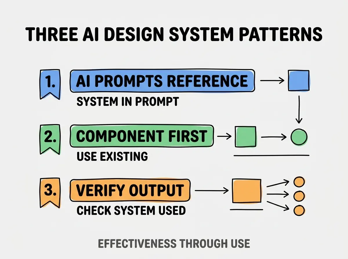 Clean modern flat infographic on light gray background. Top title bold black: THREE AI DESIGN SYSTEM PATTERNS. Single vertical numbered list with three rows. Row 1 blue badge AI PROMPTS REFERENCE with subtitle SYSTEM IN PROMPT. Row 2 green badge COMPONENT FIRST with subtitle USE EXISTING. Row 3 orange badge VERIFY OUTPUT with subtitle CHECK SYSTEM USED. Footer text dark gray: EFFECTIVENESS THROUGH USE. Each label appears exactly once. No duplicated text.