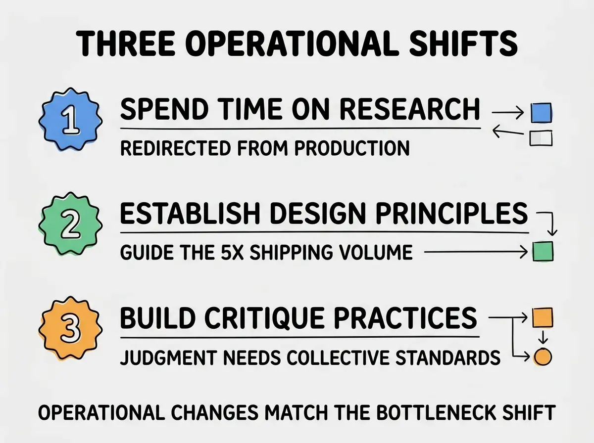EXPLAINER DIAGRAM titled THREE OPERATIONAL SHIFTS shown as a vertical numbered list on a slate background. Three rows. Row 1 blue badge SPEND TIME ON RESEARCH sublabel REDIRECTED FROM PRODUCTION. Row 2 green badge ESTABLISH DESIGN PRINCIPLES sublabel GUIDE THE 5X SHIPPING VOLUME. Row 3 orange badge BUILD CRITIQUE PRACTICES sublabel JUDGMENT NEEDS COLLECTIVE STANDARDS. Footer reads OPERATIONAL CHANGES MATCH THE BOTTLENECK SHIFT.