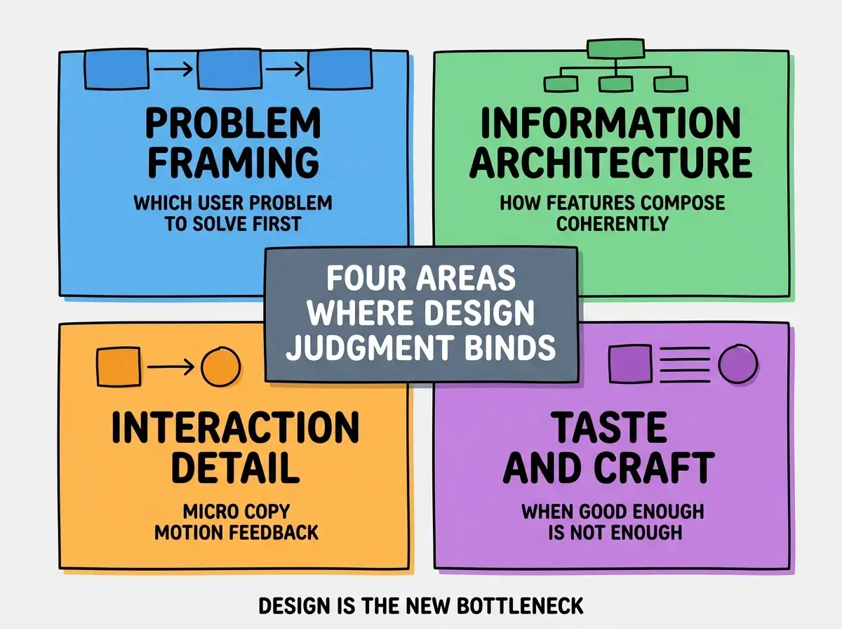 EXPLAINER DIAGRAM titled FOUR AREAS WHERE DESIGN JUDGMENT BINDS shown as a 2x2 grid of quadrants on a slate background. Top left blue PROBLEM FRAMING sublabel WHICH USER PROBLEM TO SOLVE FIRST. Top right green INFORMATION ARCHITECTURE sublabel HOW FEATURES COMPOSE COHERENTLY. Bottom left orange INTERACTION DETAIL sublabel MICRO COPY MOTION FEEDBACK. Bottom right purple TASTE AND CRAFT sublabel WHEN GOOD ENOUGH IS NOT ENOUGH. Center label reads JUDGMENT BEATS IMPLEMENTATION VOLUME. Footer reads DESIGN IS THE NEW BOTTLENECK.