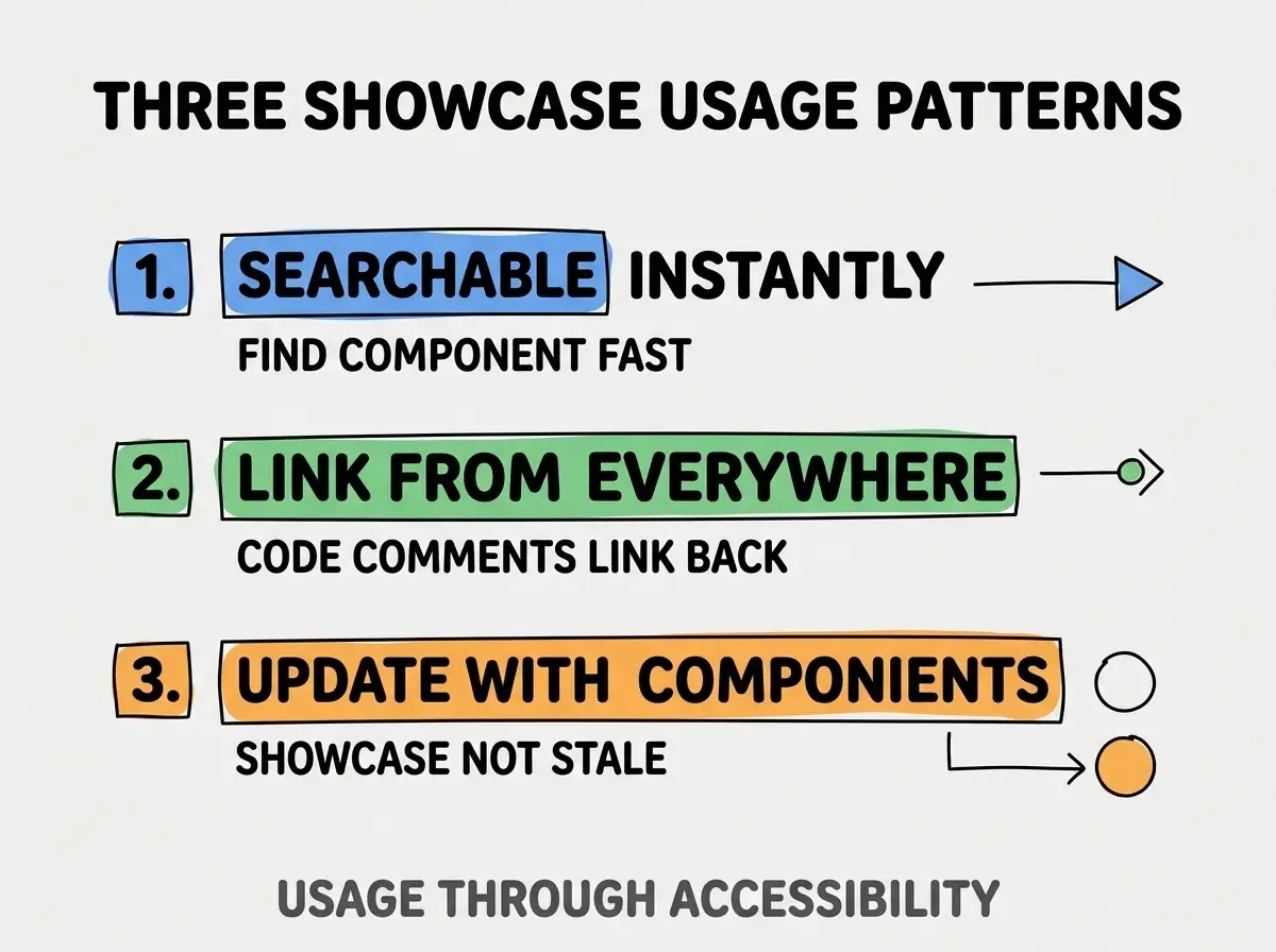 Clean modern flat infographic on light gray background. Top title bold black: THREE SHOWCASE USAGE PATTERNS. Single vertical numbered list with three rows. Row 1 blue badge SEARCHABLE INSTANTLY with subtitle FIND COMPONENT FAST. Row 2 green badge LINK FROM EVERYWHERE with subtitle CODE COMMENTS LINK BACK. Row 3 orange badge UPDATE WITH COMPONENTS with subtitle SHOWCASE NOT STALE. Footer text dark gray: USAGE THROUGH ACCESSIBILITY. Each label appears exactly once. No duplicated text.