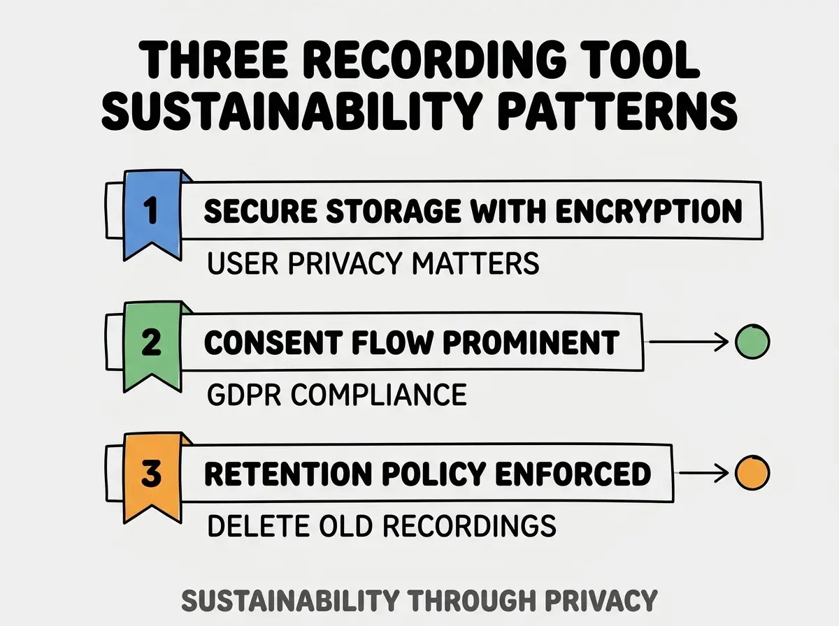 Clean modern flat infographic on light gray background. Top title bold black: THREE RECORDING TOOL SUSTAINABILITY PATTERNS. Single vertical numbered list with three rows. Row 1 blue badge SECURE STORAGE WITH ENCRYPTION with subtitle USER PRIVACY MATTERS. Row 2 green badge CONSENT FLOW PROMINENT with subtitle GDPR COMPLIANCE. Row 3 orange badge RETENTION POLICY ENFORCED with subtitle DELETE OLD RECORDINGS. Footer text dark gray: SUSTAINABILITY THROUGH PRIVACY. Each label appears exactly once. No duplicated text.