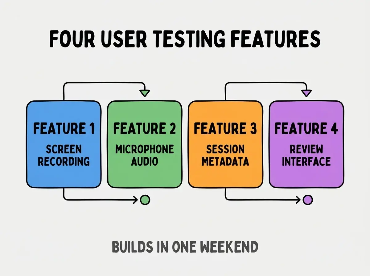 Clean modern flat infographic on light gray background. Top center bold black title text: FOUR USER TESTING FEATURES. Below title, four equal sized colored rounded rectangle cards arranged horizontally. Card 1 blue: large bold text FEATURE 1 then smaller text SCREEN RECORDING. Card 2 green: large bold text FEATURE 2 then smaller text MICROPHONE AUDIO. Card 3 orange: large bold text FEATURE 3 then smaller text SESSION METADATA. Card 4 purple: large bold text FEATURE 4 then smaller text REVIEW INTERFACE. Single footer line below cards in dark gray text: BUILDS IN ONE WEEKEND. Nothing else on canvas. No text outside cards or below cards.