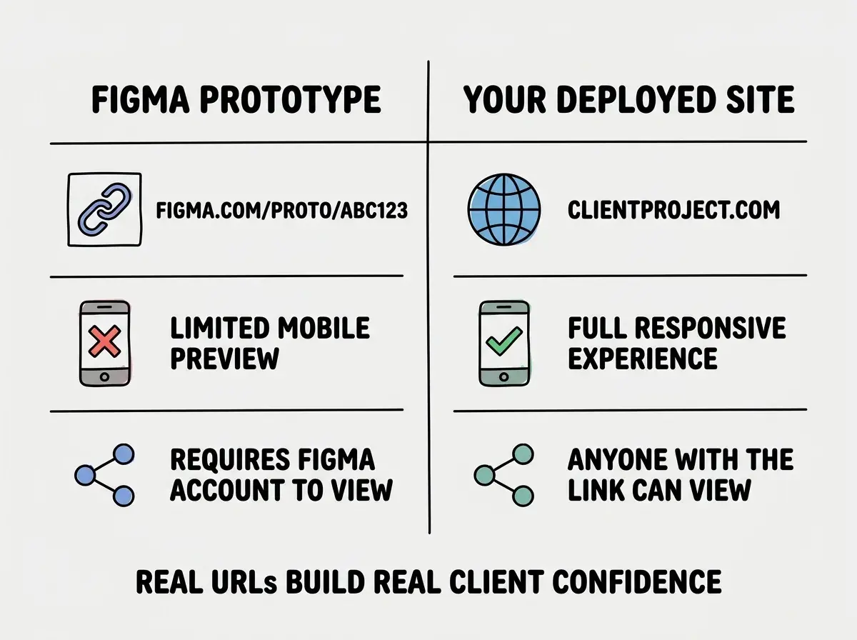 EXPLAINER DIAGRAM: A comparison table with two columns. Left column labeled FIGMA PROTOTYPE shows three rows: row 1 has a link icon with text FIGMA.COM/PROTO/ABC123, row 2 has a mobile phone icon with a red X and text LIMITED MOBILE PREVIEW, row 3 has a share icon with text REQUIRES FIGMA ACCOUNT TO VIEW. Right column labeled YOUR DEPLOYED SITE shows three rows: row 1 has a globe icon with text CLIENTPROJECT.COM, row 2 has a mobile phone icon with a green checkmark and text FULL RESPONSIVE EXPERIENCE, row 3 has a share icon with text ANYONE WITH THE LINK CAN VIEW. A vertical dividing line separates the columns. Below both columns, text reads REAL URLs BUILD REAL CLIENT CONFIDENCE. Light gray background.