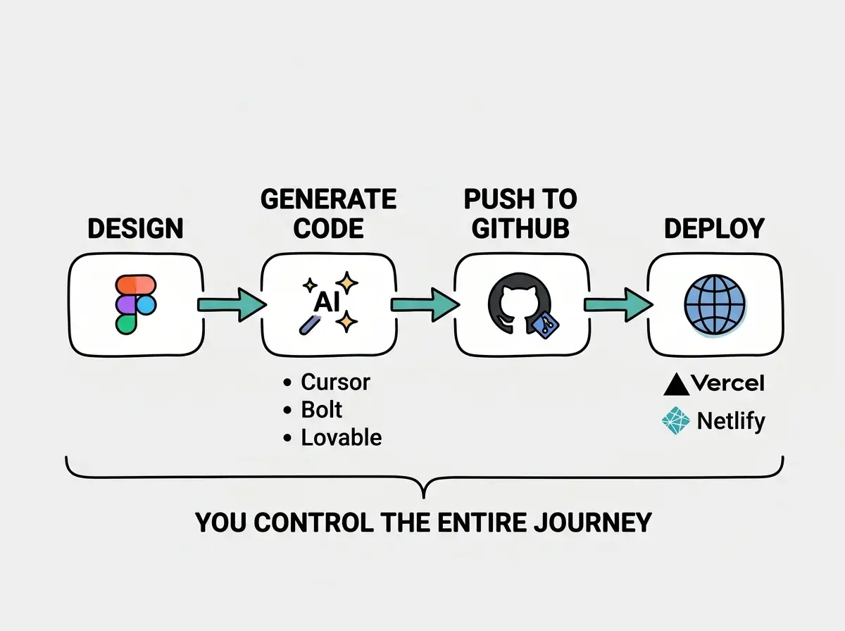 EXPLAINER DIAGRAM: A horizontal pipeline with four stages connected by arrows. Stage 1 labeled DESIGN shows a Figma diamond icon in a rounded box. Stage 2 labeled GENERATE CODE shows an AI sparkle icon with tools like Cursor, Bolt, and Lovable listed below. Stage 3 labeled PUSH TO GITHUB shows a GitHub octocat icon with a code repository symbol. Stage 4 labeled DEPLOY shows a globe icon with Vercel and Netlify logos below. Below the pipeline, a bracket spans all four stages with the label YOU CONTROL THE ENTIRE JOURNEY. Teal arrows connect each stage. Light gray background.