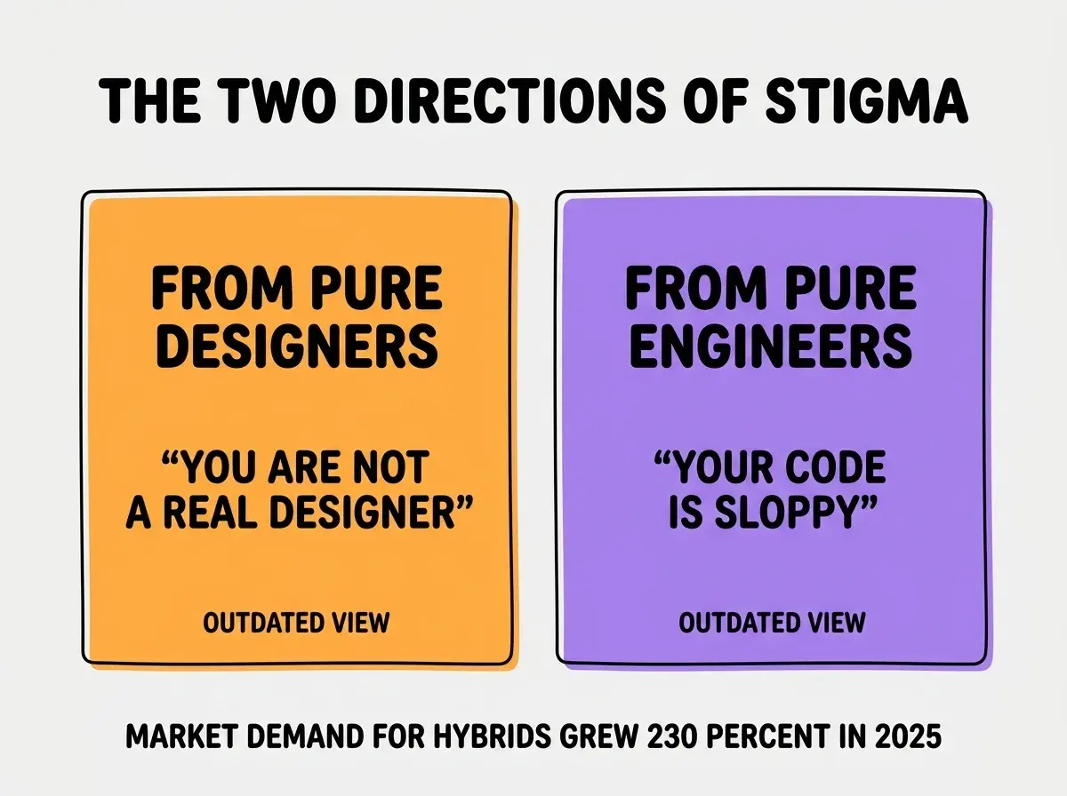 EXPLAINER DIAGRAM titled THE TWO DIRECTIONS OF STIGMA shown as a horizontal two-panel layout on a slate background. Panel 1 colored orange header FROM PURE DESIGNERS sublabel YOU ARE NOT A REAL DESIGNER bottom note OUTDATED VIEW. Panel 2 colored purple header FROM PURE ENGINEERS sublabel YOUR CODE IS SLOPPY bottom note OUTDATED VIEW. Center label reads BOTH ARE LAGGING CULTURAL ARTIFACTS. Footer reads MARKET DEMAND FOR HYBRIDS GREW 230 PERCENT IN 2025.