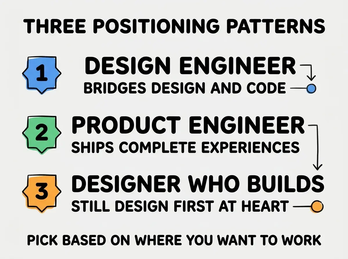 EXPLAINER DIAGRAM titled THREE POSITIONING PATTERNS shown as a vertical numbered list on a slate background. Three rows. Row 1 blue badge DESIGN ENGINEER sublabel BRIDGES DESIGN AND CODE. Row 2 green badge PRODUCT ENGINEER sublabel SHIPS COMPLETE EXPERIENCES. Row 3 orange badge DESIGNER WHO BUILDS sublabel STILL DESIGN FIRST AT HEART. Footer reads PICK BASED ON WHERE YOU WANT TO WORK.
