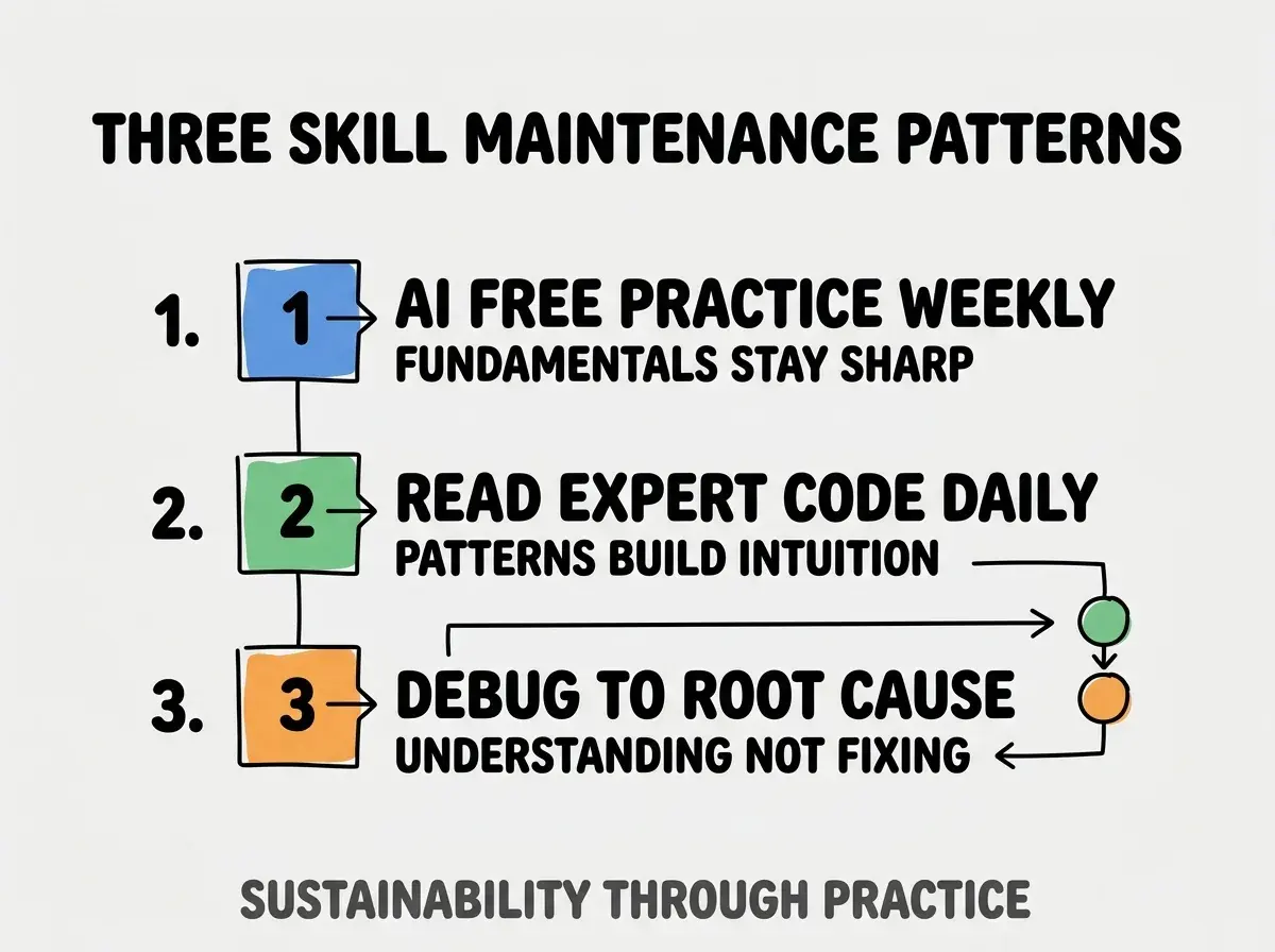 Clean modern flat infographic on light gray background. Top title bold black: THREE SKILL MAINTENANCE PATTERNS. Single vertical numbered list with three rows. Row 1 blue badge AI FREE PRACTICE WEEKLY with subtitle FUNDAMENTALS STAY SHARP. Row 2 green badge READ EXPERT CODE DAILY with subtitle PATTERNS BUILD INTUITION. Row 3 orange badge DEBUG TO ROOT CAUSE with subtitle UNDERSTANDING NOT FIXING. Footer text dark gray: SUSTAINABILITY THROUGH PRACTICE. Each label appears exactly once. No duplicated text.