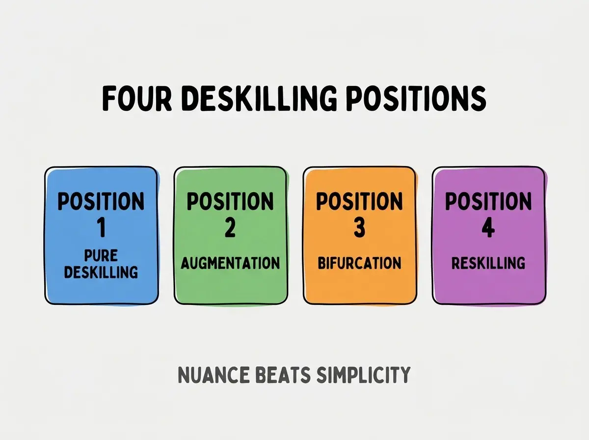 Clean modern flat infographic on light gray background. Top center bold black title text: FOUR DESKILLING POSITIONS. Below title, four equal sized colored rounded rectangle cards arranged horizontally. Card 1 blue: large bold text POSITION 1 then smaller text PURE DESKILLING. Card 2 green: large bold text POSITION 2 then smaller text AUGMENTATION. Card 3 orange: large bold text POSITION 3 then smaller text BIFURCATION. Card 4 purple: large bold text POSITION 4 then smaller text RESKILLING. Single footer line below cards in dark gray text: NUANCE BEATS SIMPLICITY. Nothing else on canvas. No text outside cards or below cards.