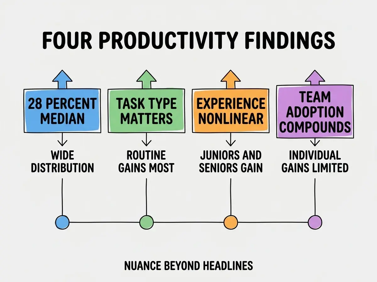 EXPLAINER DIAGRAM titled FOUR PRODUCTIVITY FINDINGS shown as a horizontal four-column chart on a slate background. Column 1 colored blue 28 PERCENT MEDIAN label WIDE DISTRIBUTION. Column 2 colored green TASK TYPE MATTERS label ROUTINE GAINS MOST. Column 3 colored orange EXPERIENCE NONLINEAR label JUNIORS AND SENIORS GAIN. Column 4 colored purple TEAM ADOPTION COMPOUNDS label INDIVIDUAL GAINS LIMITED. Footer reads NUANCE BEYOND HEADLINES.