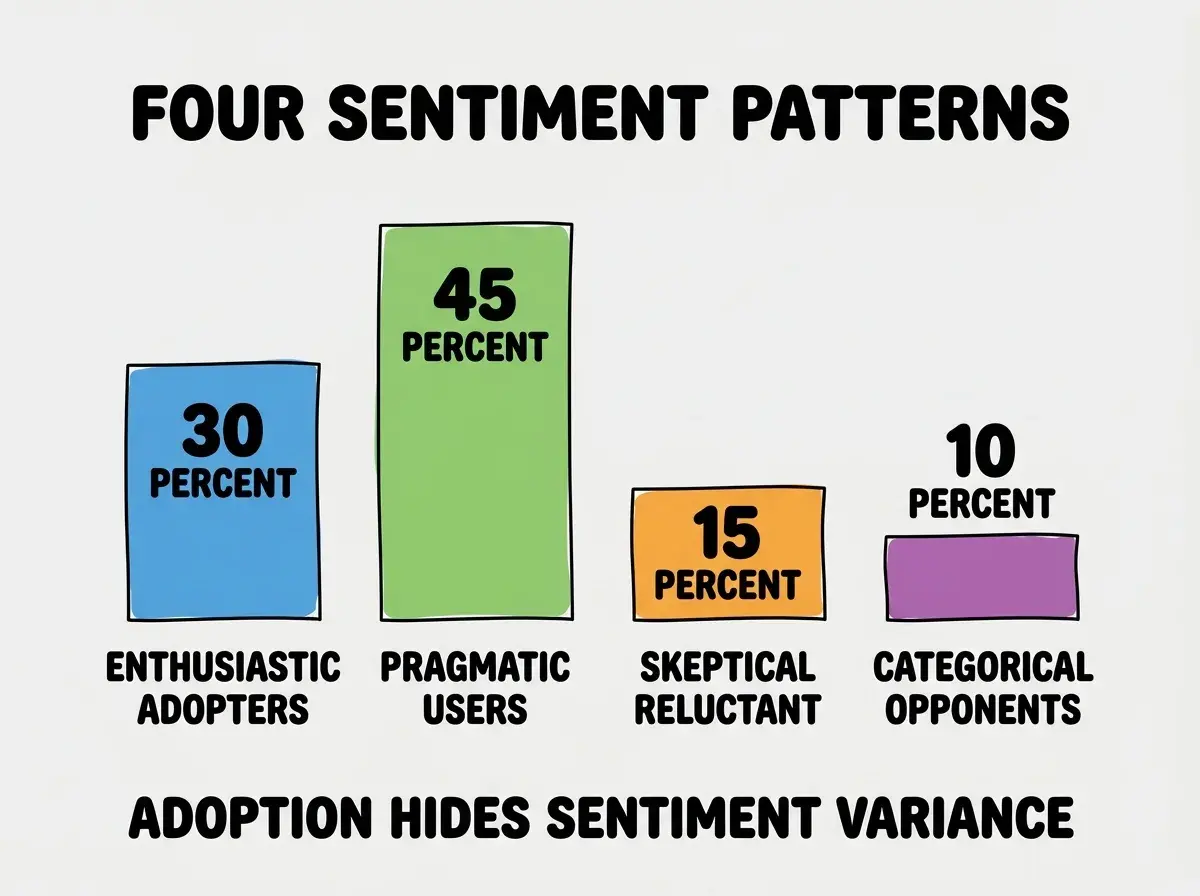 EXPLAINER DIAGRAM titled FOUR SENTIMENT PATTERNS shown as a horizontal four-column chart on a slate background. Column 1 colored blue 30 PERCENT label ENTHUSIASTIC ADOPTERS. Column 2 colored green 45 PERCENT label PRAGMATIC USERS. Column 3 colored orange 15 PERCENT label SKEPTICAL RELUCTANT. Column 4 colored purple 10 PERCENT label CATEGORICAL OPPONENTS. Footer reads ADOPTION HIDES SENTIMENT VARIANCE.