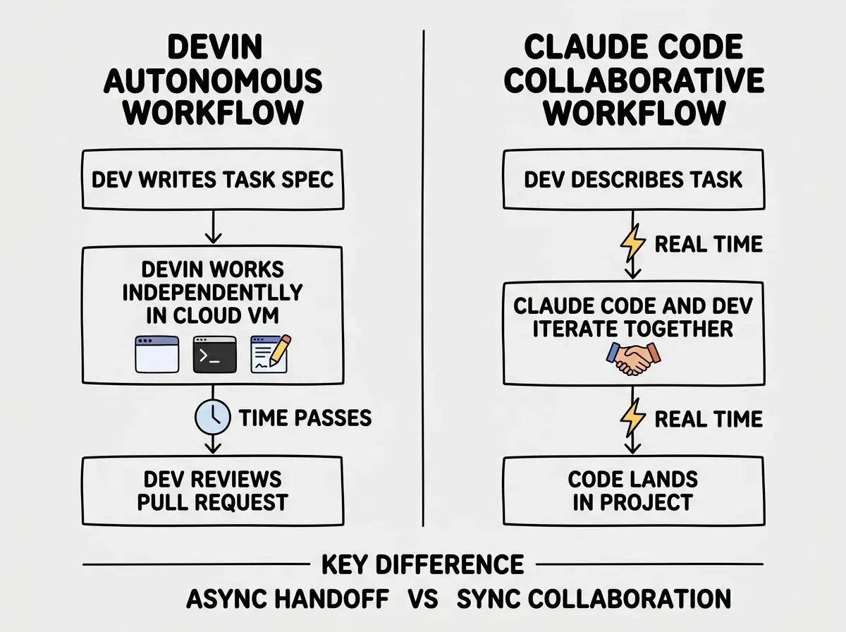 EXPLAINER DIAGRAM: A split-screen comparison. Left side header reads DEVIN AUTONOMOUS WORKFLOW. Three boxes stacked vertically connected by arrows: DEV WRITES TASK SPEC at top, DEVIN WORKS INDEPENDENTLY IN CLOUD VM in middle with icons for browser and terminal and editor, DEV REVIEWS PULL REQUEST at bottom. A clock icon between middle and bottom boxes shows TIME PASSES. Right side header reads CLAUDE CODE COLLABORATIVE WORKFLOW. Three boxes stacked vertically connected by arrows: DEV DESCRIBES TASK at top, CLAUDE CODE AND DEV ITERATE TOGETHER in middle with a handshake icon, CODE LANDS IN PROJECT at bottom. A lightning bolt icon between each box shows REAL TIME. A horizontal divider at the bottom reads KEY DIFFERENCE with text ASYNC HANDOFF VS SYNC COLLABORATION.