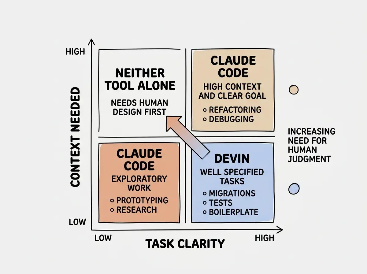 EXPLAINER DIAGRAM: A two-by-two matrix grid. X-axis label reads TASK CLARITY from LOW on left to HIGH on right. Y-axis label reads CONTEXT NEEDED from LOW at bottom to HIGH at top. Top-left quadrant labeled NEITHER TOOL ALONE with subtext NEEDS HUMAN DESIGN FIRST. Top-right quadrant labeled CLAUDE CODE with subtext HIGH CONTEXT AND CLEAR GOAL and examples like REFACTORING and DEBUGGING. Bottom-left quadrant labeled CLAUDE CODE with subtext EXPLORATORY WORK and examples like PROTOTYPING and RESEARCH. Bottom-right quadrant labeled DEVIN with subtext WELL SPECIFIED TASKS and examples like MIGRATIONS and TESTS and BOILERPLATE. A gradient arrow from bottom-right to top-left is labeled INCREASING NEED FOR HUMAN JUDGMENT.