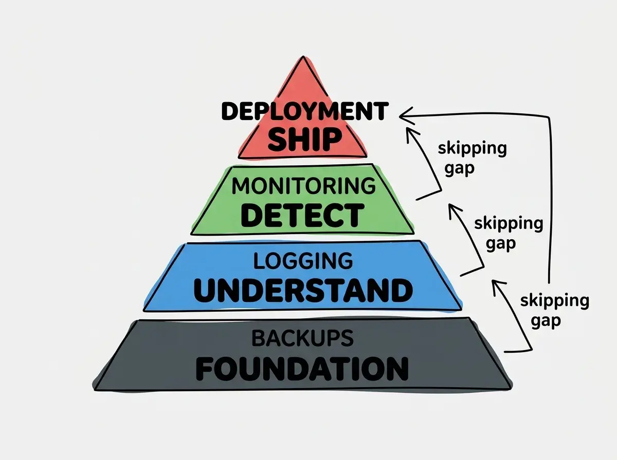 EXPLAINER DIAGRAM: Four stacked horizontal layers labeled from bottom to top: BACKUPS (dark base layer, labeled Foundation), LOGGING (second layer, labeled Understand), MONITORING (third layer, labeled Detect), and DEPLOYMENT (top layer, labeled Ship). Each layer has a brief annotation. Arrows on the right side show that skipping any layer creates a gap in the stack. The overall shape looks like a stable foundation pyramid.