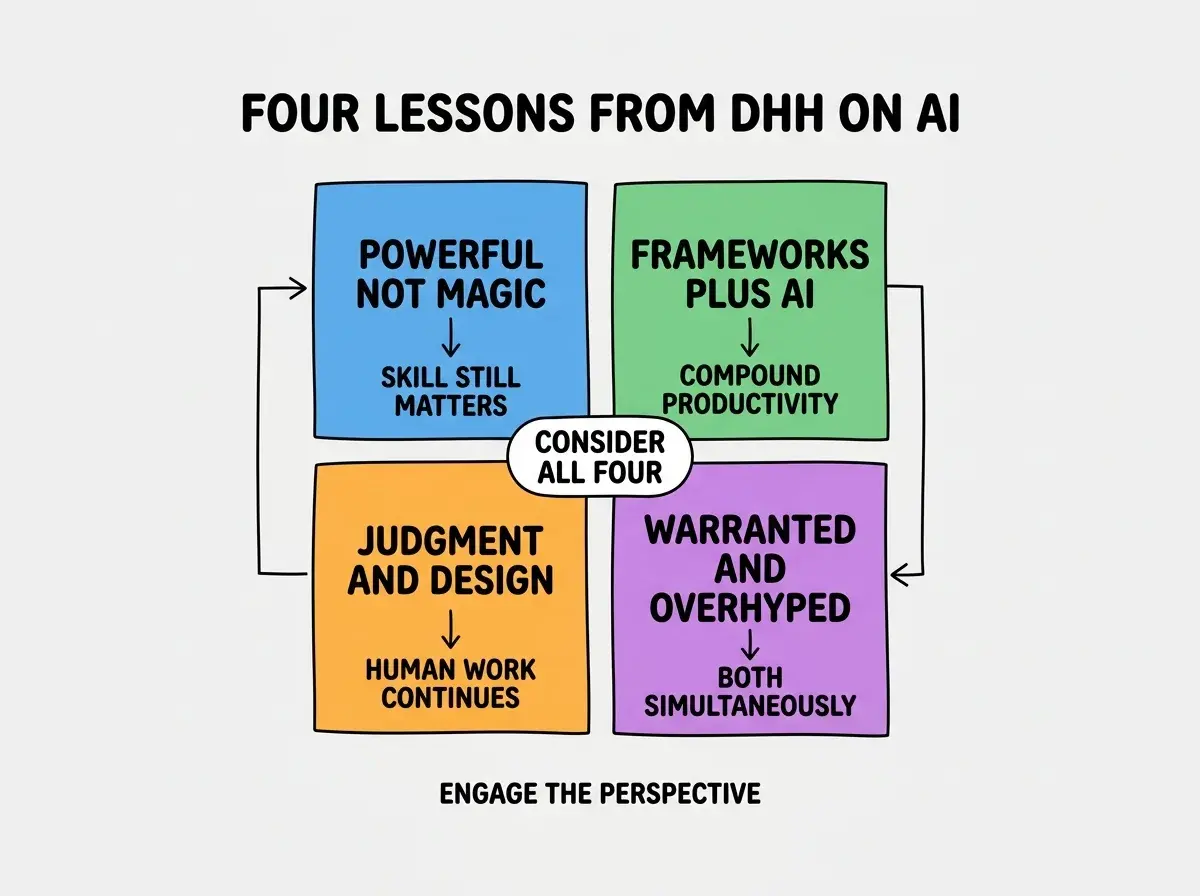 EXPLAINER DIAGRAM titled FOUR LESSONS FROM DHH ON AI shown as a 2x2 grid of quadrants on a slate background. Top left blue POWERFUL NOT MAGIC sublabel SKILL STILL MATTERS. Top right green FRAMEWORKS PLUS AI sublabel COMPOUND PRODUCTIVITY. Bottom left orange JUDGMENT AND DESIGN sublabel HUMAN WORK CONTINUES. Bottom right purple WARRANTED AND OVERHYPED sublabel BOTH SIMULTANEOUSLY. Center label CONSIDER ALL FOUR. Footer reads ENGAGE THE PERSPECTIVE.