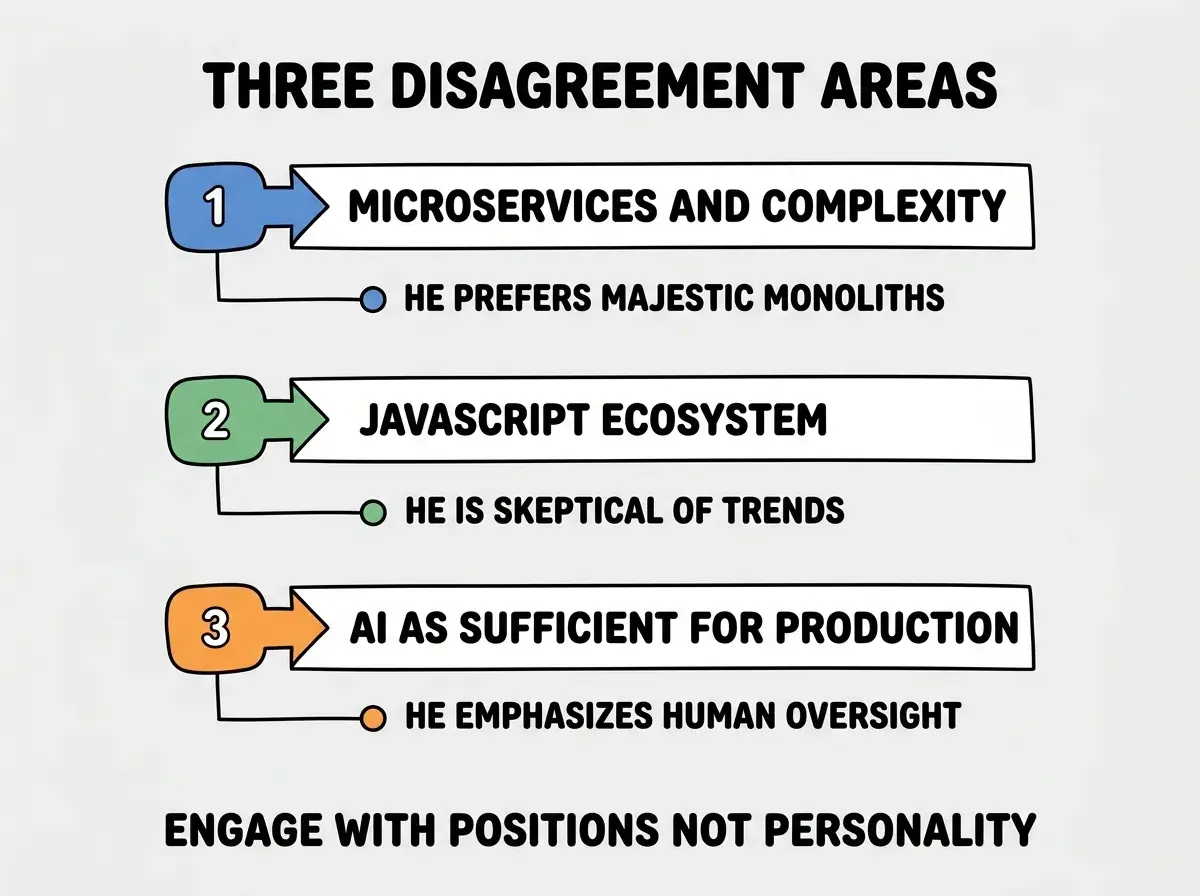 EXPLAINER DIAGRAM titled THREE DISAGREEMENT AREAS shown as a vertical numbered list on a slate background. Three rows. Row 1 blue badge MICROSERVICES AND COMPLEXITY sublabel HE PREFERS MAJESTIC MONOLITHS. Row 2 green badge JAVASCRIPT ECOSYSTEM sublabel HE IS SKEPTICAL OF TRENDS. Row 3 orange badge AI AS SUFFICIENT FOR PRODUCTION sublabel HE EMPHASIZES HUMAN OVERSIGHT. Footer reads ENGAGE WITH POSITIONS NOT PERSONALITY.