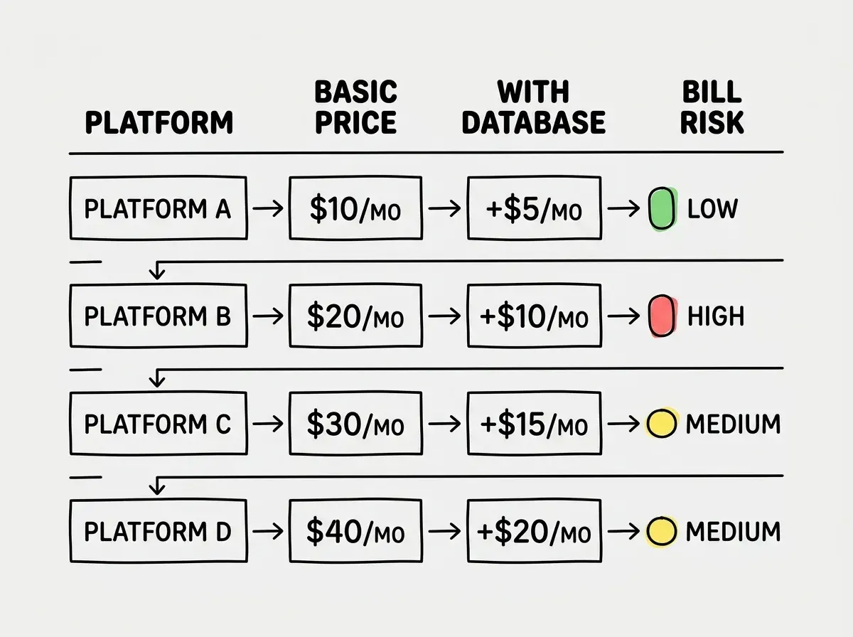 EXPLAINER DIAGRAM: A four-row pricing comparison table. Column headers: PLATFORM, BASIC PRICE, WITH DATABASE, BILL RISK. Row 1 shows low risk. Row 2 shows high risk. Row 3 shows medium risk. Row 4 shows medium risk. Each row uses color-coded risk indicators green yellow and red.