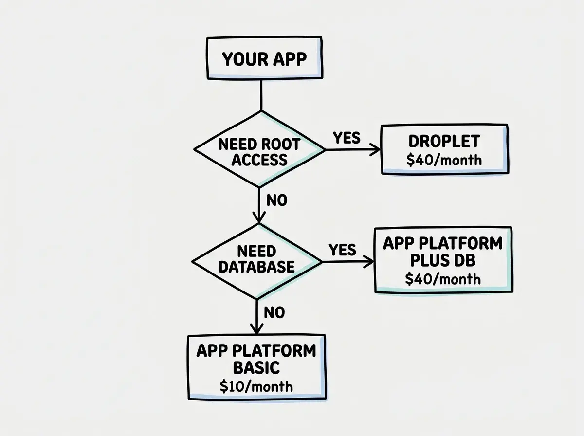 EXPLAINER DIAGRAM: A decision flowchart. Top box reads YOUR APP. First diamond reads NEED ROOT ACCESS with YES arrow to DROPLET box and NO arrow down. Second diamond reads NEED DATABASE with YES arrow to APP PLATFORM PLUS DB box and NO arrow to APP PLATFORM BASIC box. Each endpoint shows a monthly price.