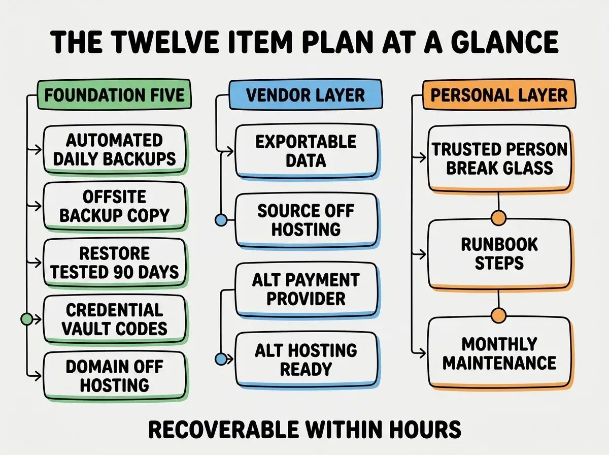 EXPLAINER DIAGRAM titled THE TWELVE ITEM PLAN AT A GLANCE shown as a three column grid on a slate background. Left column header FOUNDATION FIVE in green has five rounded boxes, AUTOMATED DAILY BACKUPS, OFFSITE BACKUP COPY, RESTORE TESTED 90 DAYS, CREDENTIAL VAULT WITH RECOVERY CODES, DOMAIN REGISTRAR SEPARATE FROM HOST. Middle column header VENDOR LAYER in blue has four boxes, EXPORTABLE DATA FORMATS, SOURCE CODE OFF HOSTING PLATFORM, ALT PAYMENT PROVIDER DOCUMENTED, ALT HOSTING DEPLOYMENT READY. Right column header PERSONAL LAYER in orange has three boxes, TRUSTED PERSON BREAK GLASS, RUNBOOK WITH RECOVERY STEPS, MONTHLY 30 MIN MAINTENANCE WINDOW. A footer reads THE GOAL IS NOT ZERO DOWNTIME, IT IS RECOVERABLE WITHIN HOURS.