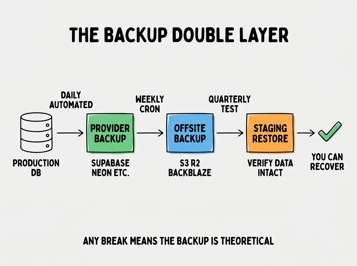 EXPLAINER DIAGRAM titled THE BACKUP DOUBLE LAYER shown as a horizontal flow on a slate background. Far left a database cylinder labeled PRODUCTION DB. Arrow labeled DAILY AUTOMATED to a green box labeled PROVIDER BACKUP labeled SUPABASE NEON ETC. Arrow labeled WEEKLY CRON to a blue box labeled OFFSITE BACKUP labeled S3 R2 BACKBLAZE. Arrow labeled QUARTERLY TEST to an orange box labeled STAGING RESTORE labeled VERIFY DATA INTACT. The chain ends with a green checkmark labeled YOU CAN RECOVER. Below the chain a footer reads ANY BREAK IN THE CHAIN MEANS THE BACKUP IS THEORETICAL.
